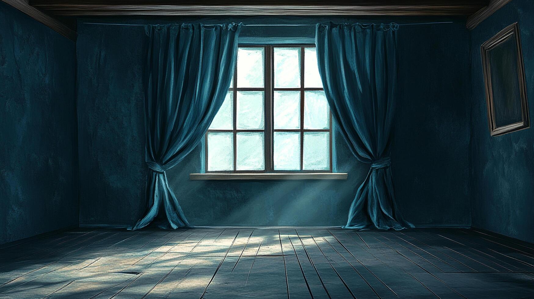 Moody teal room with sunlight streaming through a window framed by elegant blue curtains. Picture frame on the wall adds sophistication. photo