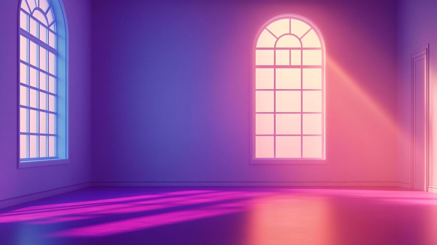 An empty room bathed in a radiant blend of violet and pink, sunlight streams in, casting shadows across the polished floor. photo
