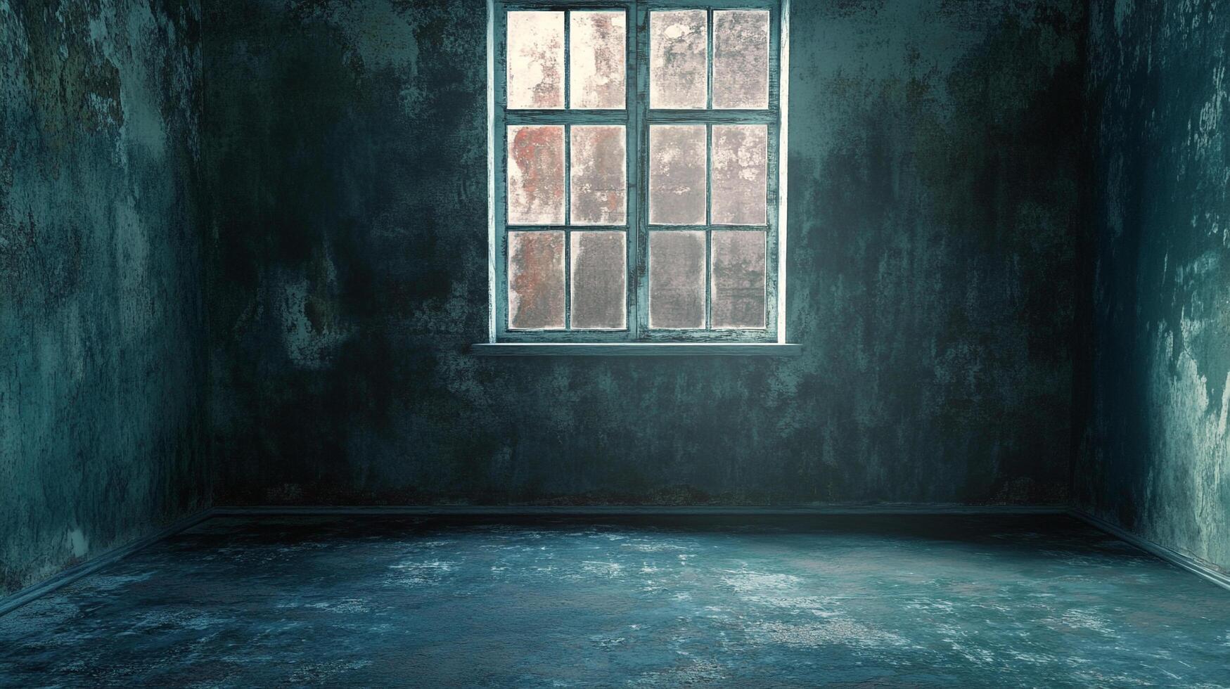 A room shrouded in shadows, a singular window illuminating the worn surfaces, its textures telling tales of time and obscurity. photo