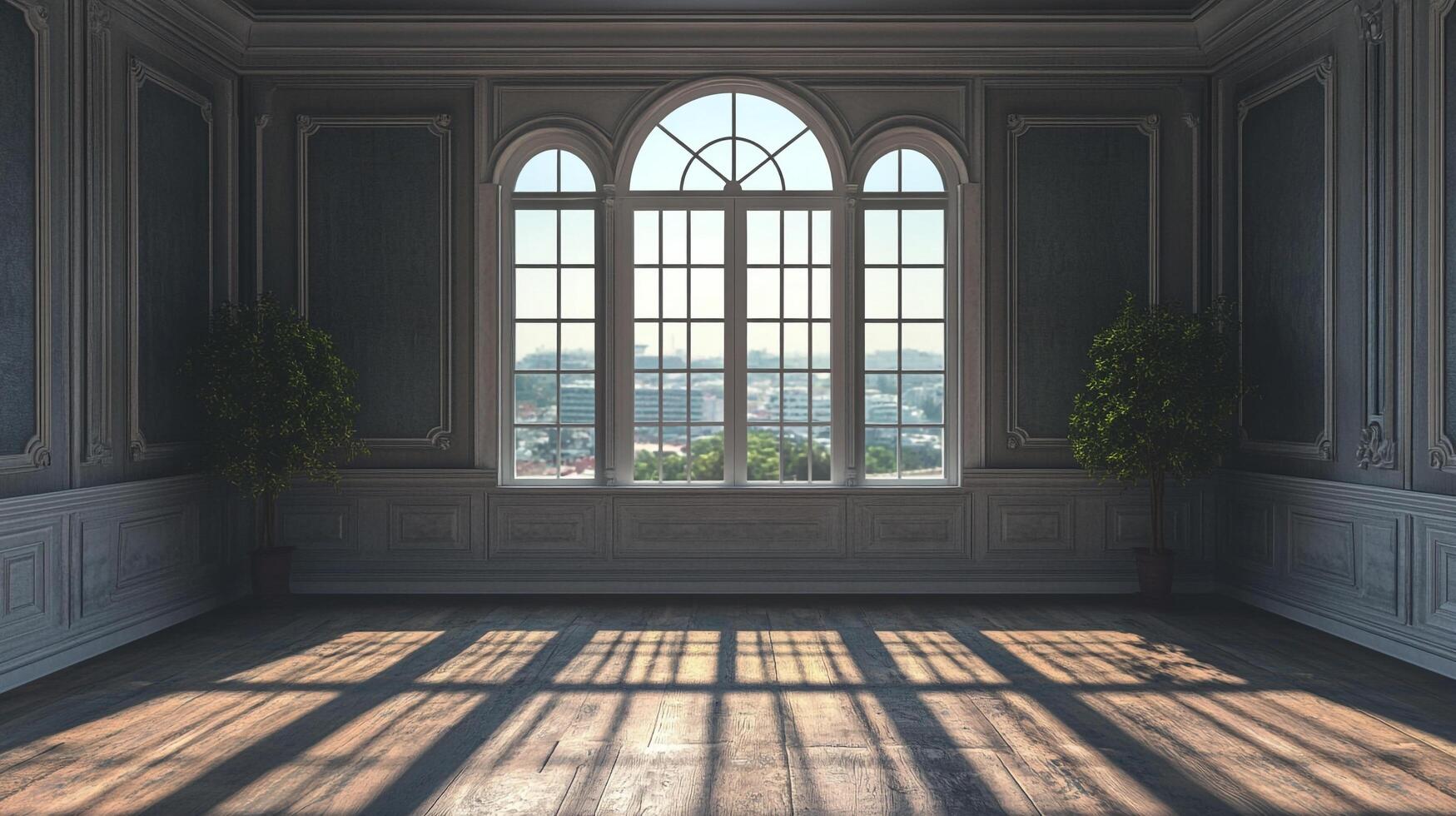 An elegant, sunlit room with ornate wall paneling and large windows, showcasing architectural detail and bright, welcoming light. photo