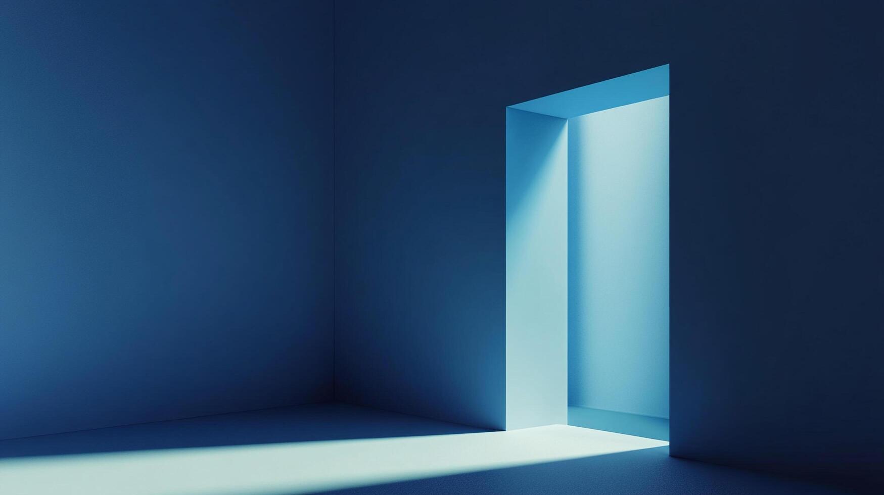 A minimalist image bathed in serene blue tones, highlighting an open doorway and the interplay of light and shadow within a room. photo