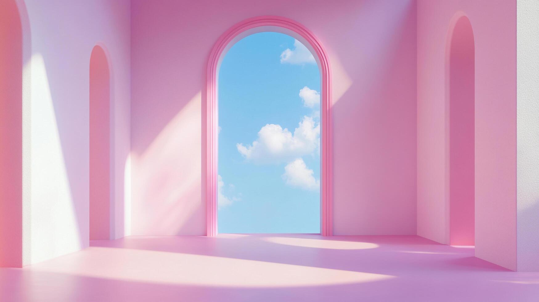 A pink room with arched openings revealing a bright blue sky with fluffy white clouds creates a dreamlike, surreal atmosphere. photo