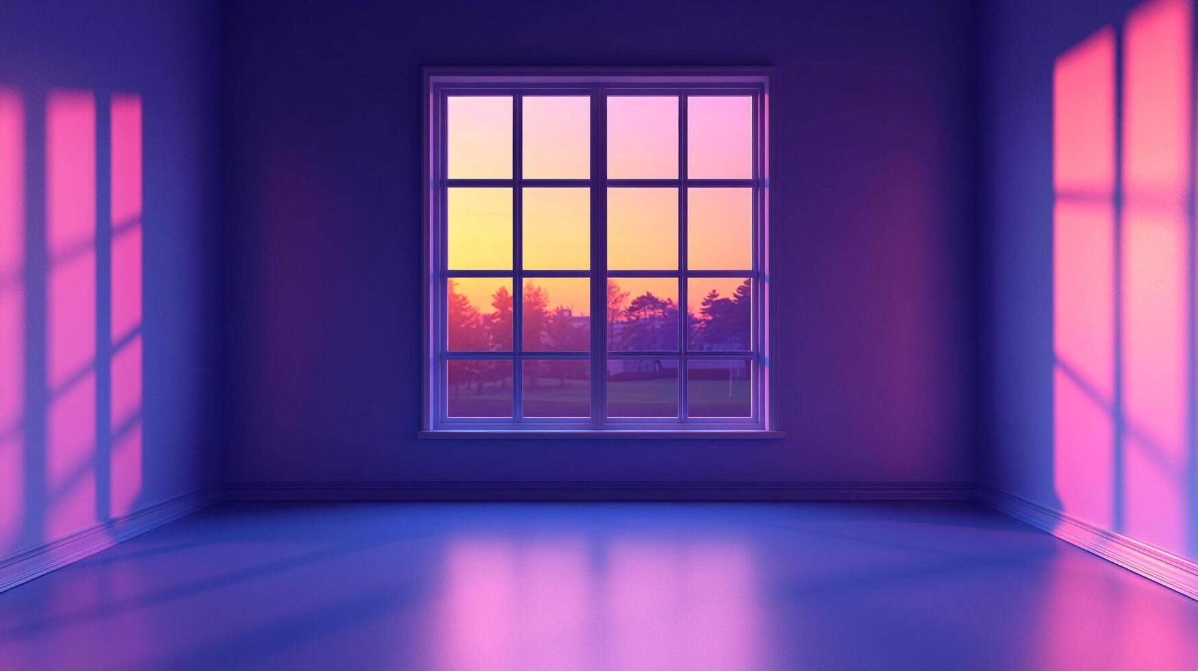 A sunlit window brightens a minimalist room, casting warm pink hues against cool blue walls. A serene, colorful, and contemporary vista. photo
