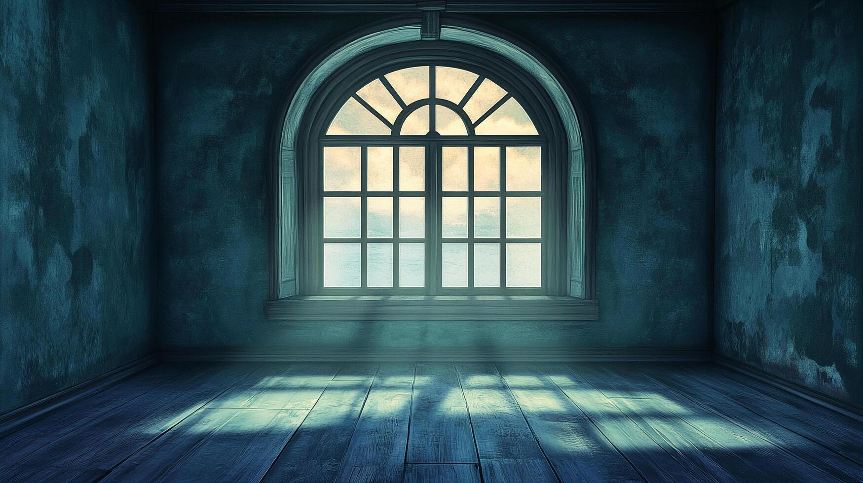 A room bathed in moonlight filtering through a grand arched window. A serene atmosphere permeates the aged walls and wooden floorboards. photo