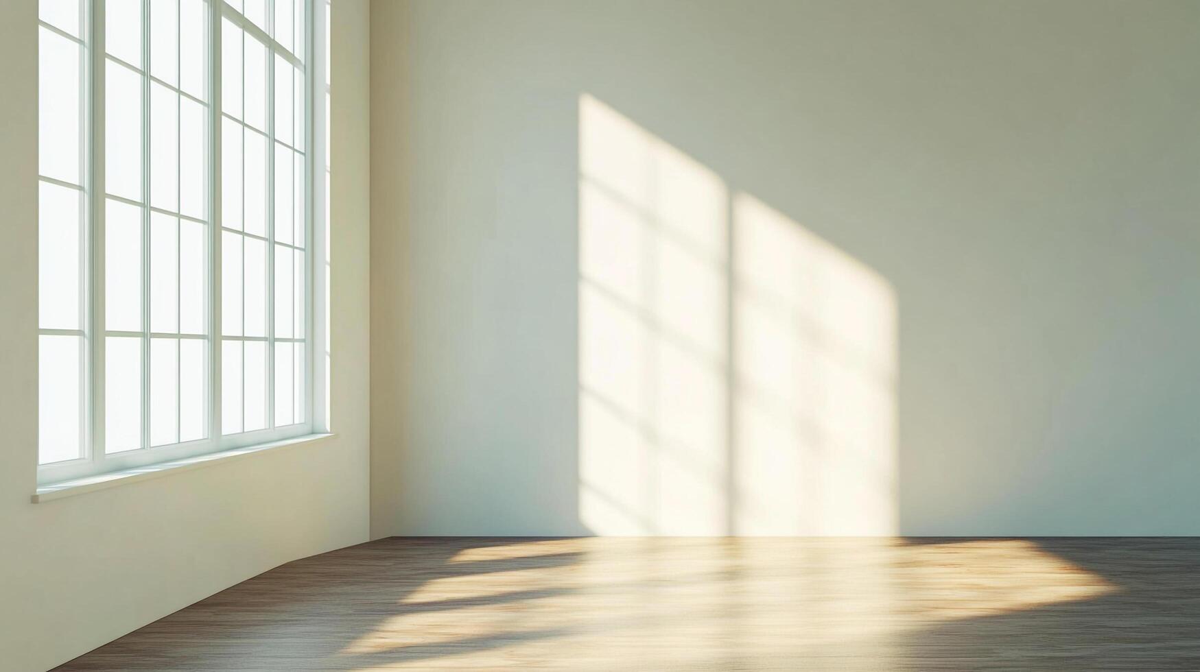 Bright interior with window light casting shadows on a minimalist wall and wooden floor, creating a serene and airy ambiance. photo