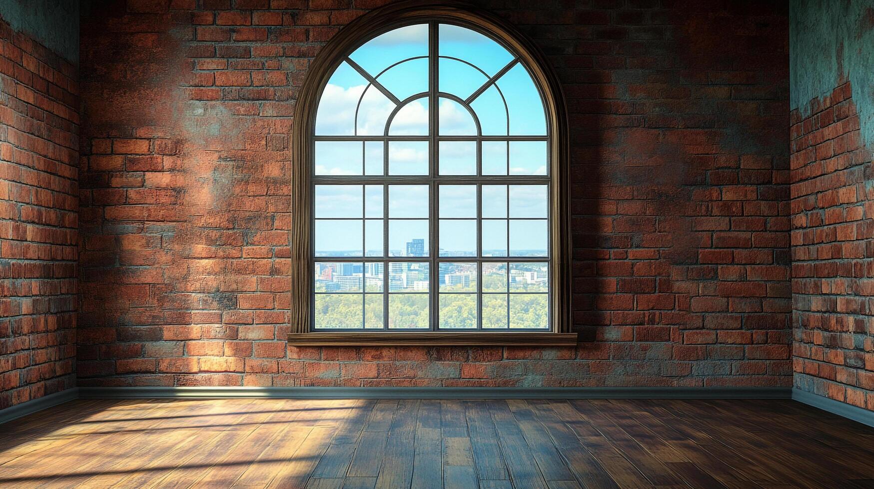 Sunlight streams through a large arched window, illuminating a rustic room with exposed brick walls and a gleaming hardwood floor. photo