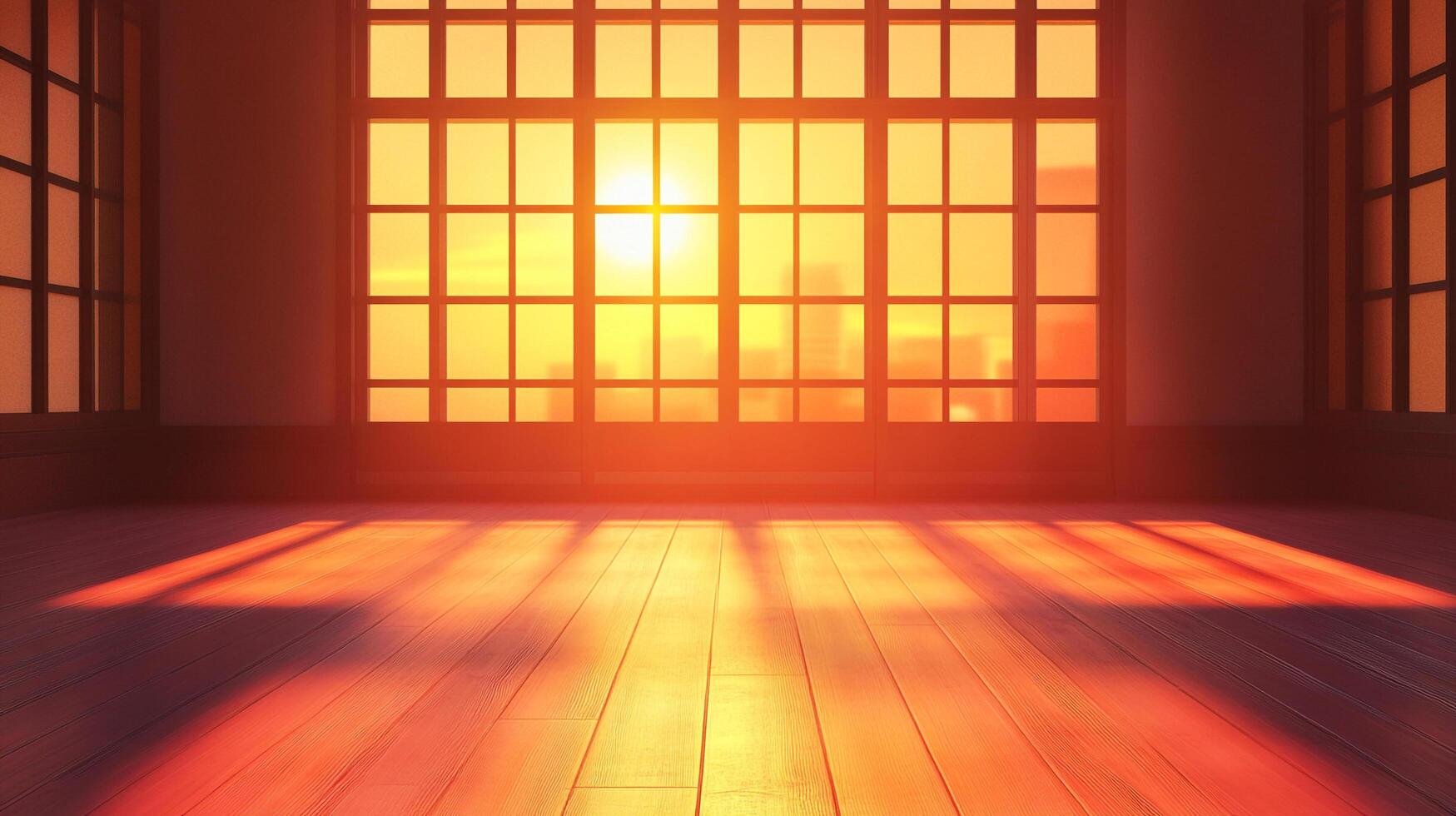 Sunlight streams into a spacious room with hardwood floors, illuminating the space with a warm, golden glow, inviting tranquility. photo