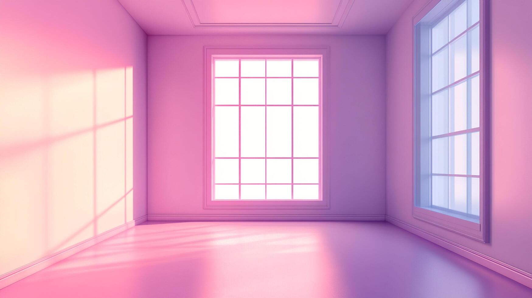 An empty room bathed in pink and purple hues, light streams through windows creating shadows and a serene, minimalist atmosphere. photo