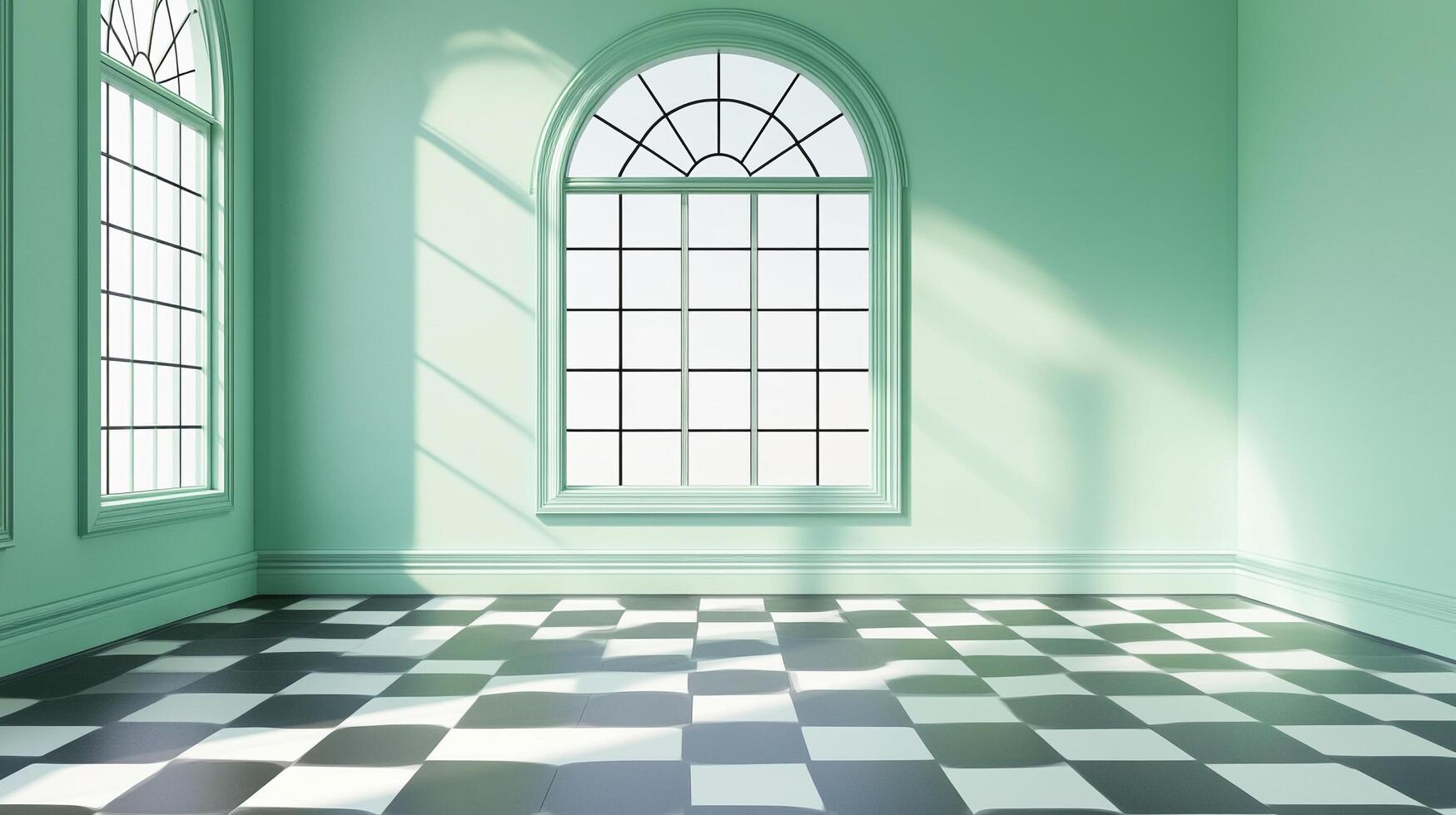 Minimalist room with light mint green walls, black and white checkered floor tiles and window casting sunlight, creating a serene atmosphere. photo