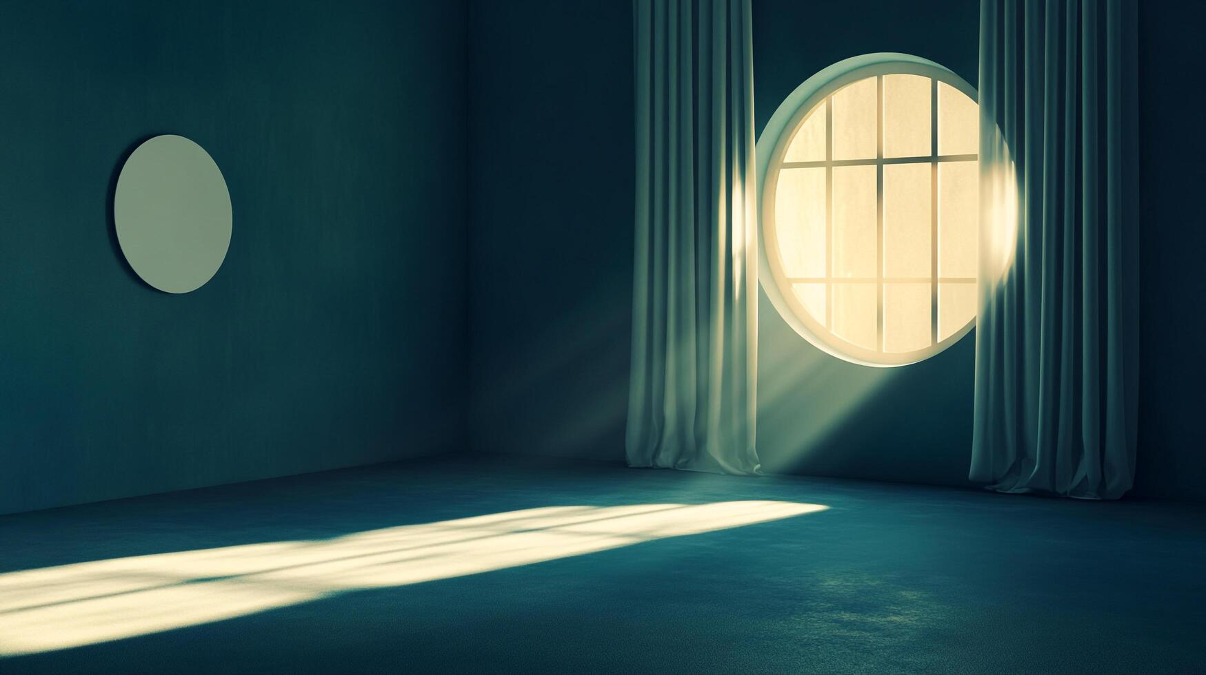 Sunlight streams through a round window, illuminating an otherwise dark room, creating a serene and contemplative atmosphere. photo