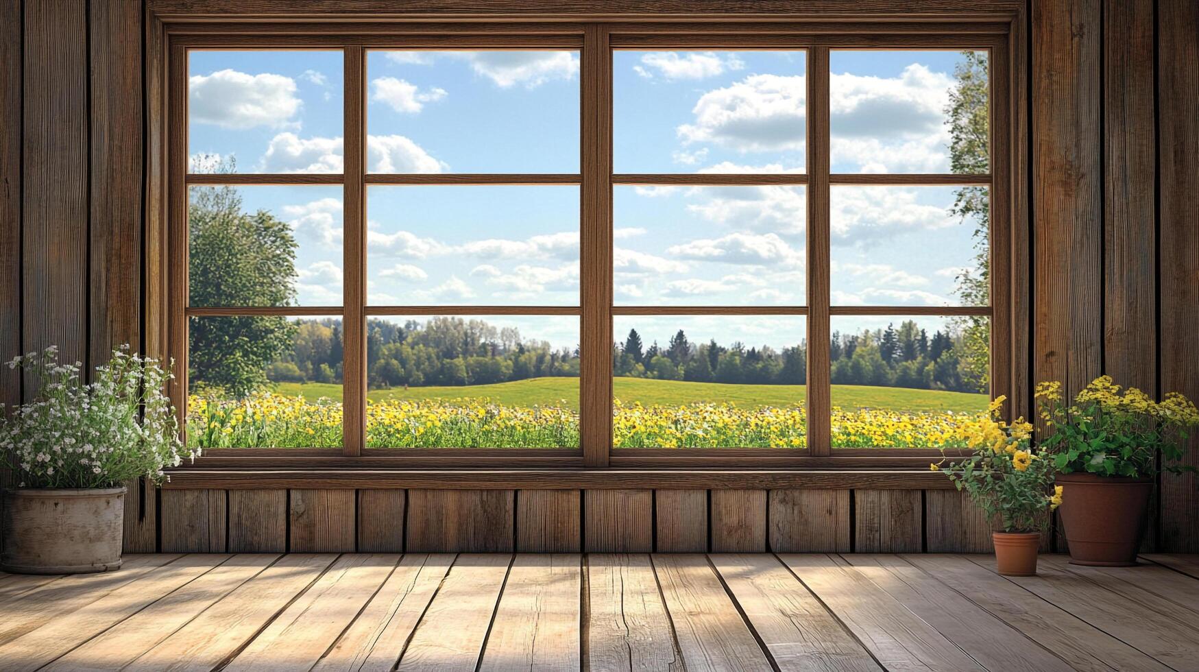 Rustic window frames a vibrant meadow, bringing the beauty of the outdoors into a cozy wooden room with potted plants adding life. photo