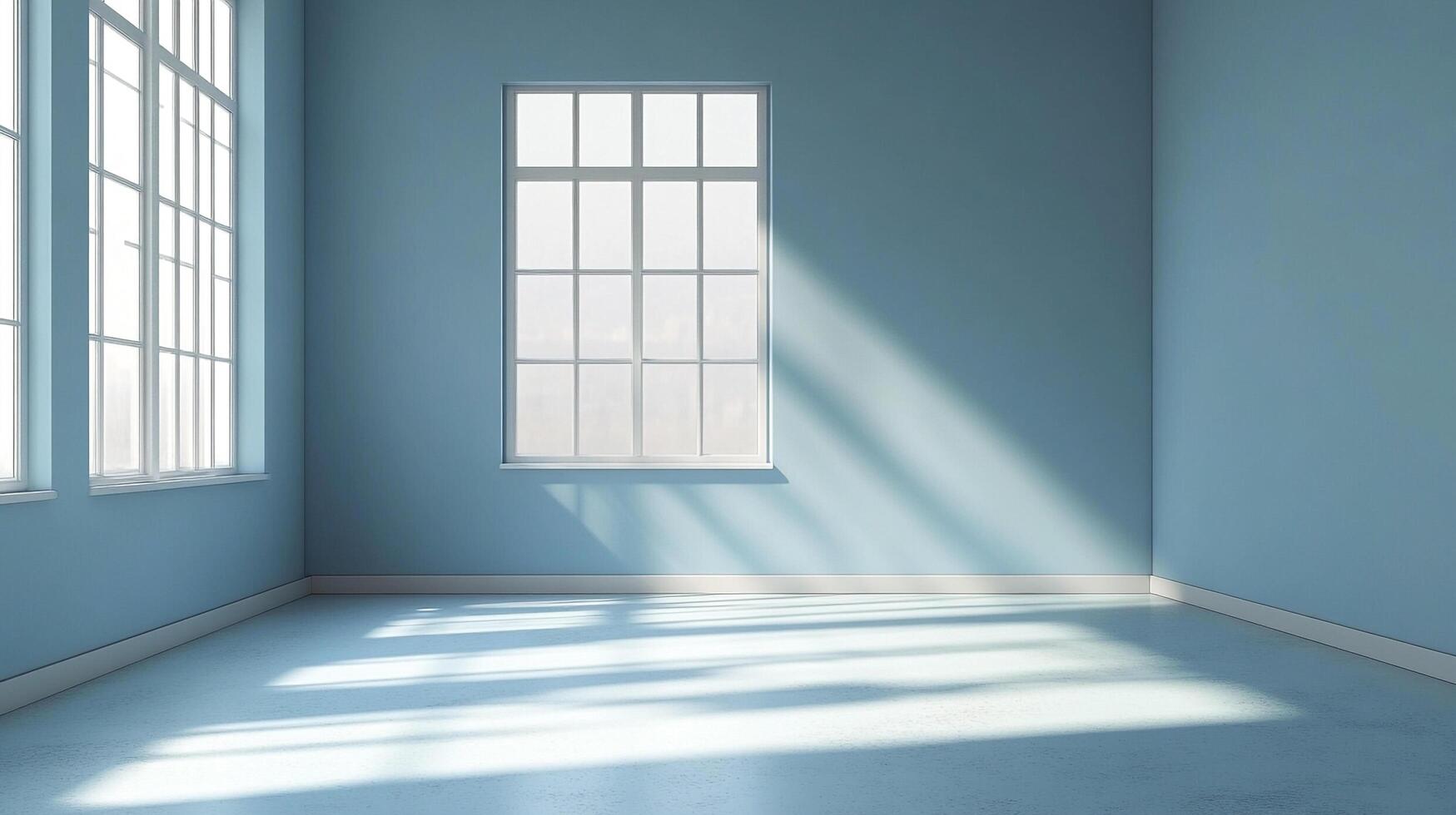 A minimalist room painted in soft blue tones, featuring sunlight streaming through large windows, creating a serene and bright atmosphere. photo