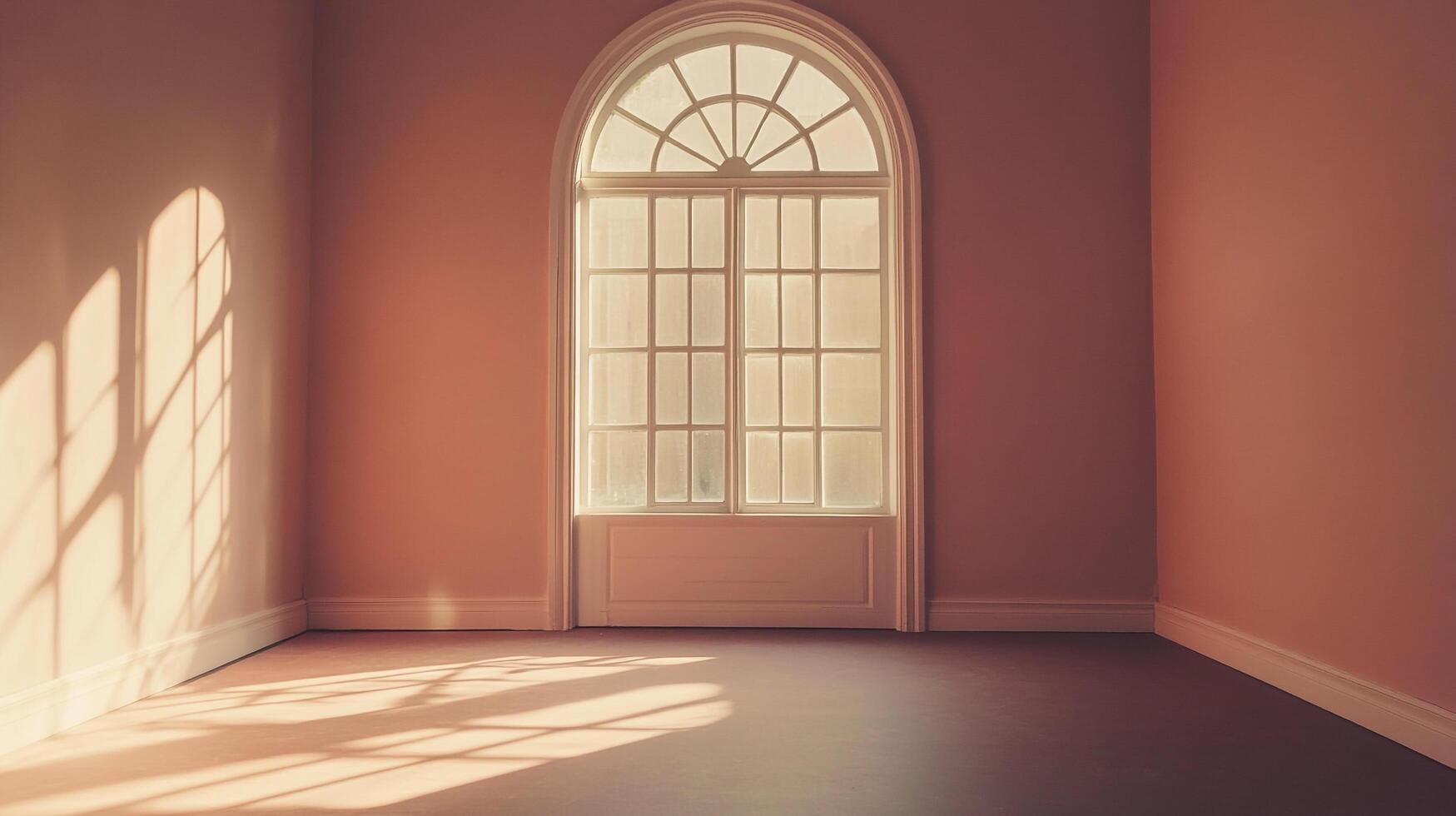Serene room with sunlight streaming through a classic arched window. Light and shadow play create a peaceful, inviting atmosphere. photo