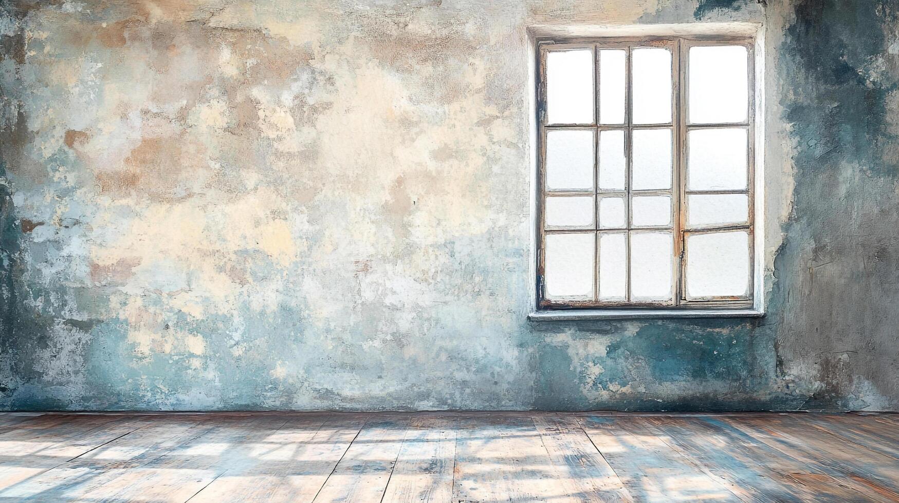 Aged interior featuring weathered walls and rustic wood floors, with a window providing soft, natural light in a serene setting. photo