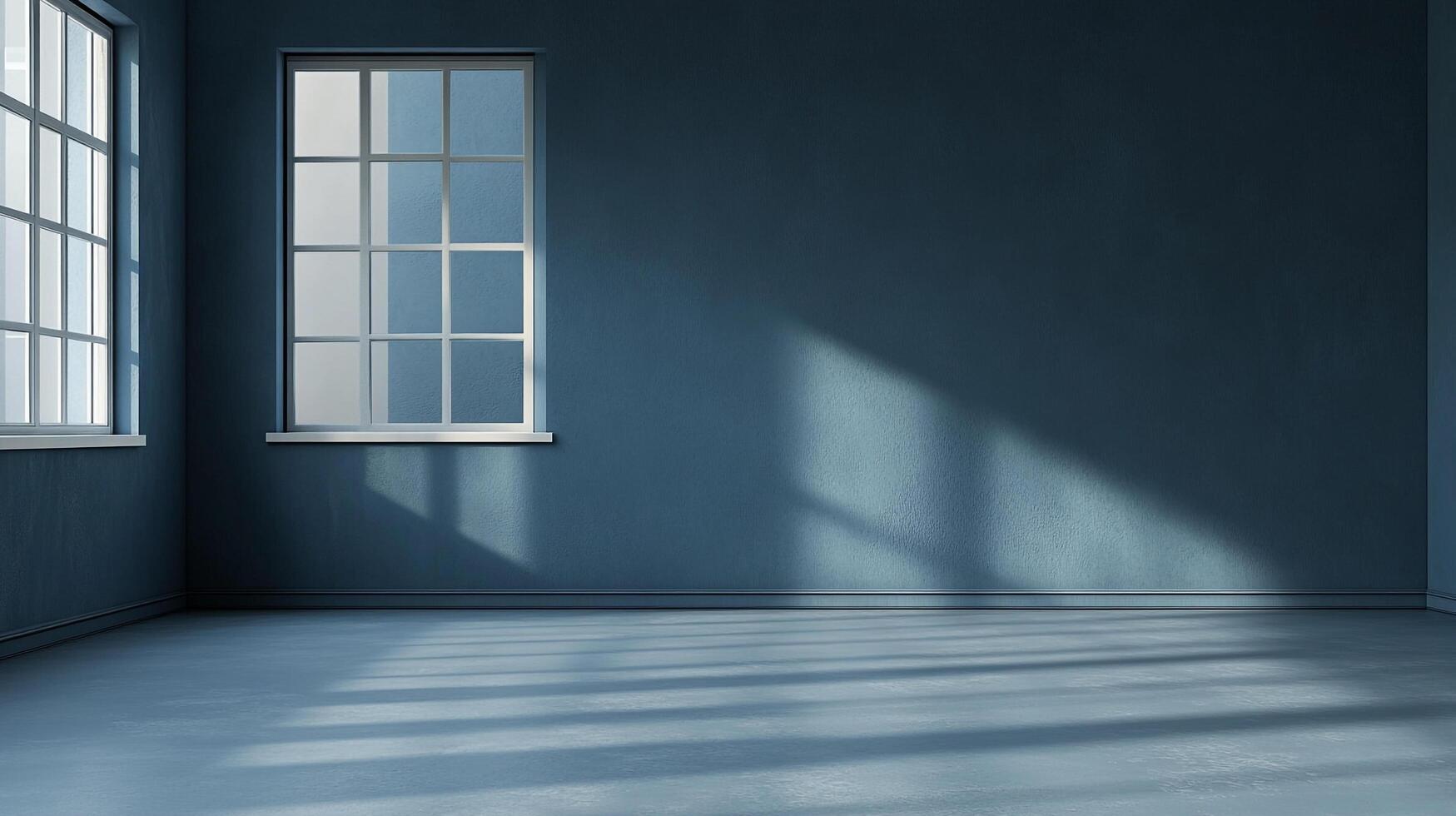 Blue room with sunlight streaming through windows. The shadows create interesting patterns on the wall and floor. Interior design. photo