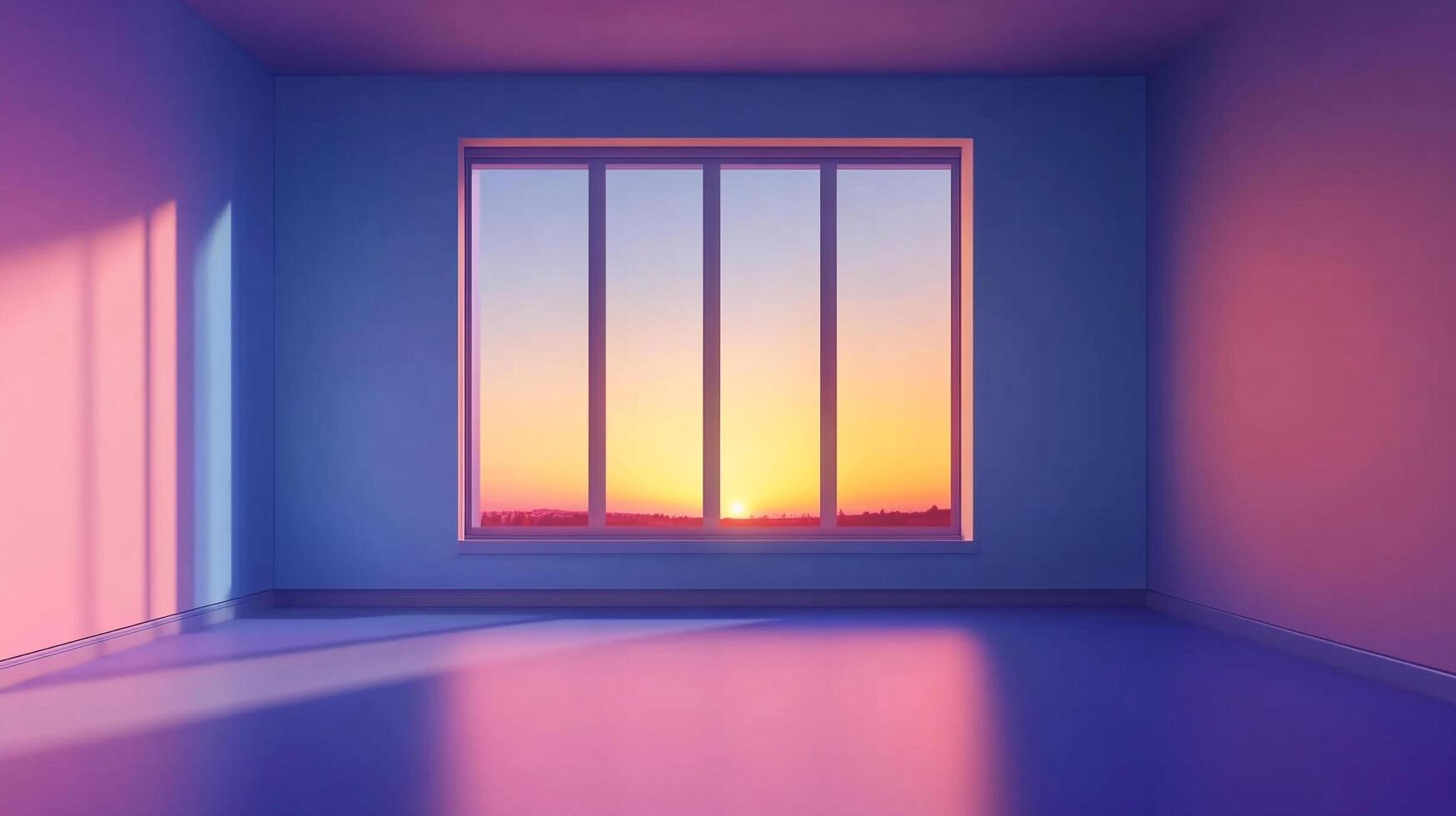 Aesthetic room bathed in the warm glow of a sunset through a large window. The hues paint the walls with ethereal colors. photo