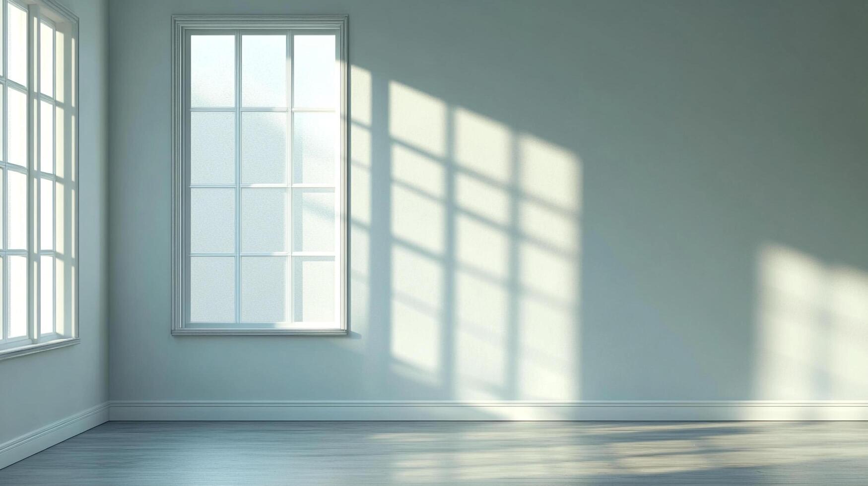 Bright room with sunlight streaming through windows, casting shadows on the walls. Clean, minimalist design creates a sense of calm and space. photo