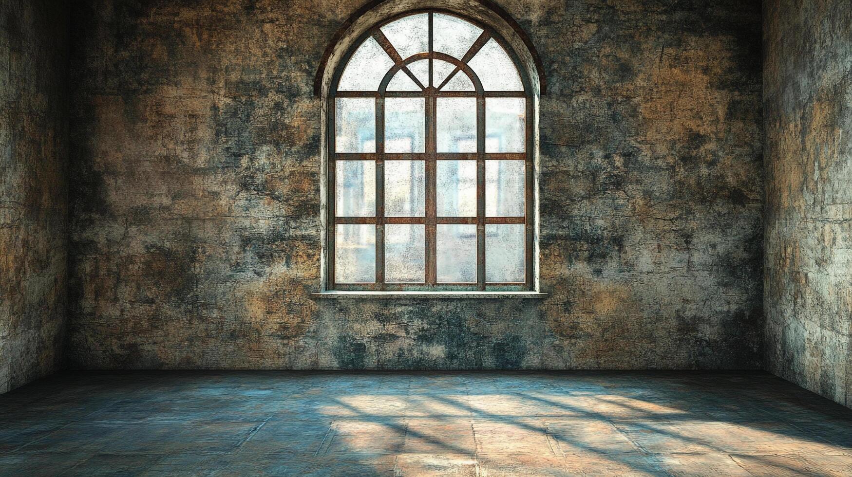 An empty room with an arched window and weathered walls basks in sunlight, hinting at the passage of time and untold stories within. photo