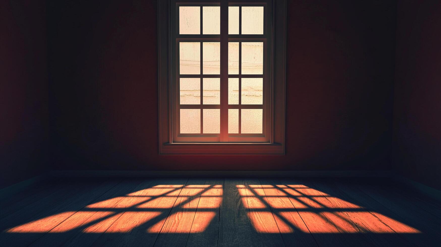 Sunlight streams into a room through a window, casting sharp shadows across the wooden floor, creating a bright spot in the dim interior. photo