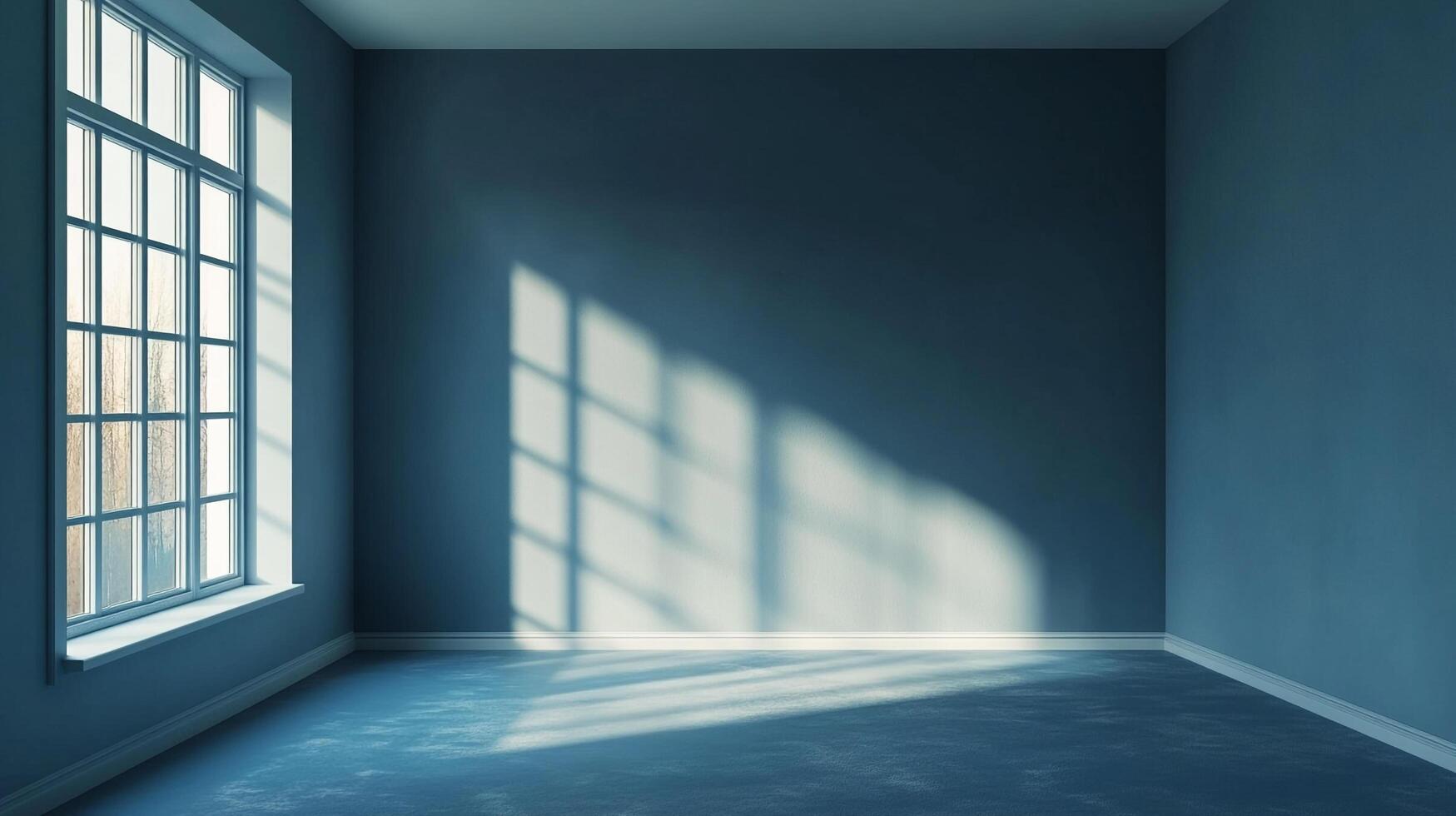 Sunlight streams through a window into an empty, blue-toned room. Shadows dance across the wall, creating a serene and minimalist space. photo