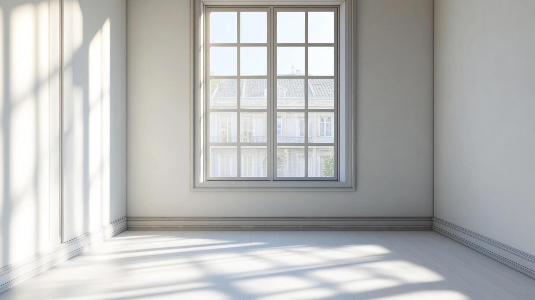 Bright room with sunlight streaming through a window, creating shadows on the floor and walls, enhancing the minimalist interior. photo