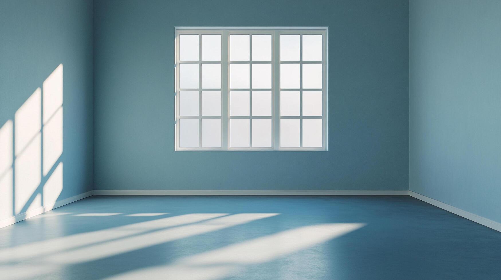 Minimalist blue room bathed in sunlight, featuring a large window that casts geometric shadows on the floor and walls, empty space. photo