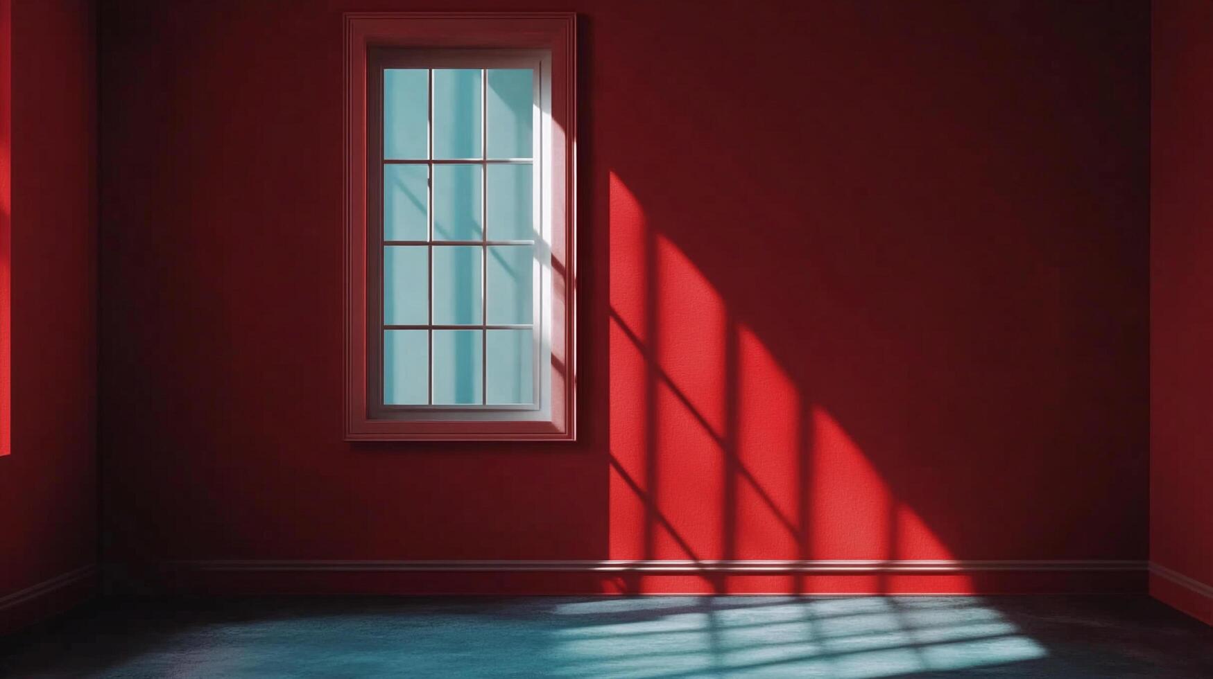Sunlight streams through a window, casting captivating shadows on the wall, creating a beautiful contrast against the red interior. photo