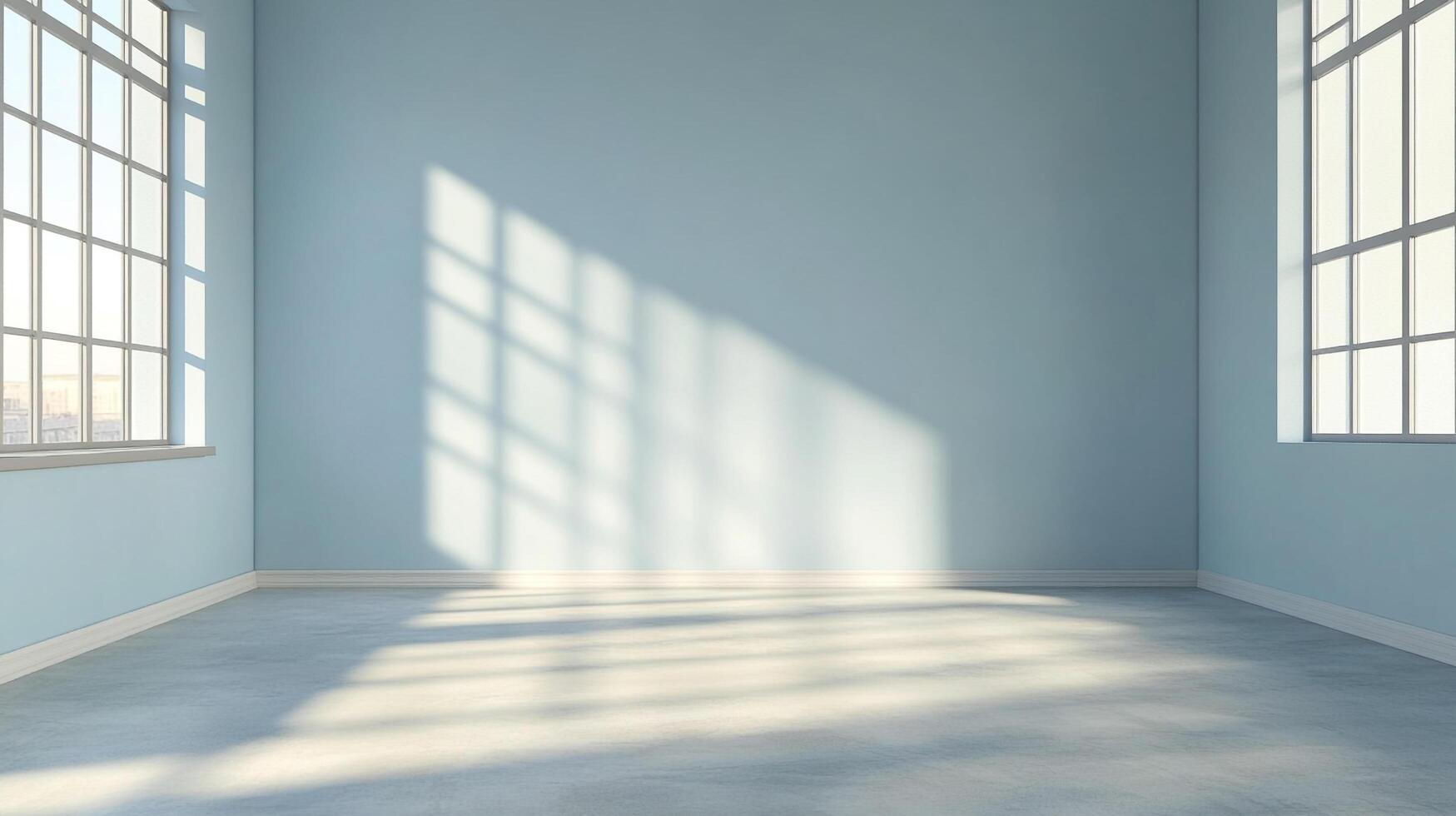 Empty room with large windows casting light patterns on blue walls, creating a bright and airy feel. Ideal for design visualizations. photo