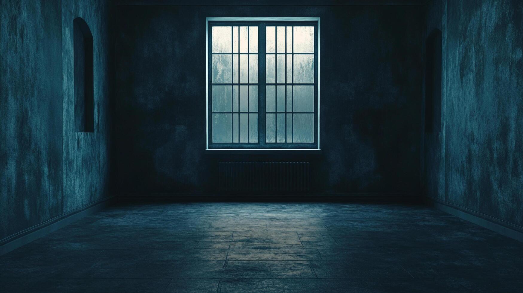 A chilling, empty room with a barred window lets in minimal light, casting long shadows in the dim atmosphere, creating a sense of desolation. photo