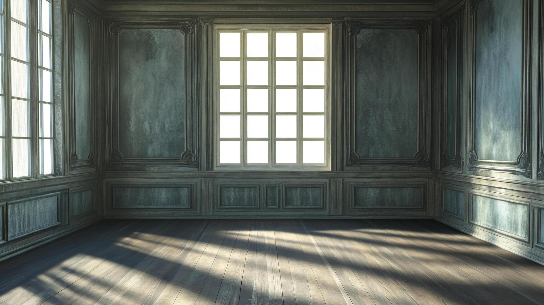 Elegant room with beautiful wooden floors and wainscoting detail, illuminated by a large window casting warm, inviting light throughout. photo