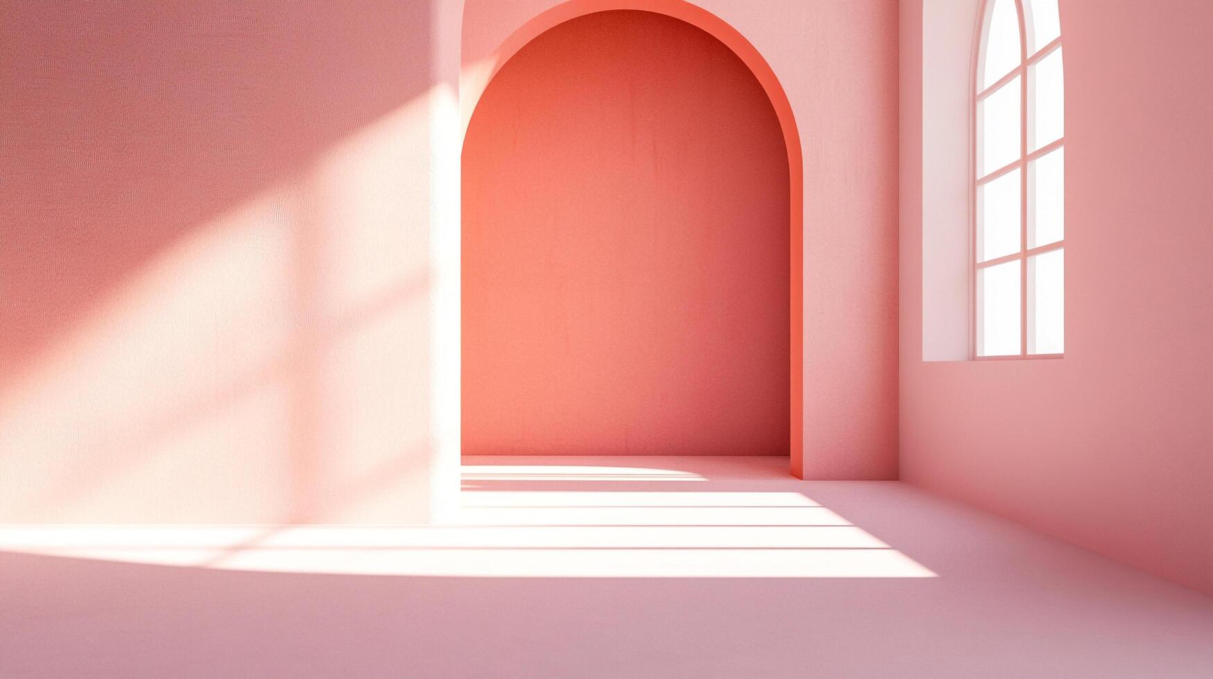 Minimalist pink room with arched doorway and window casting shadows, evokes serenity and modern design, bathed in gentle, diffused light. photo