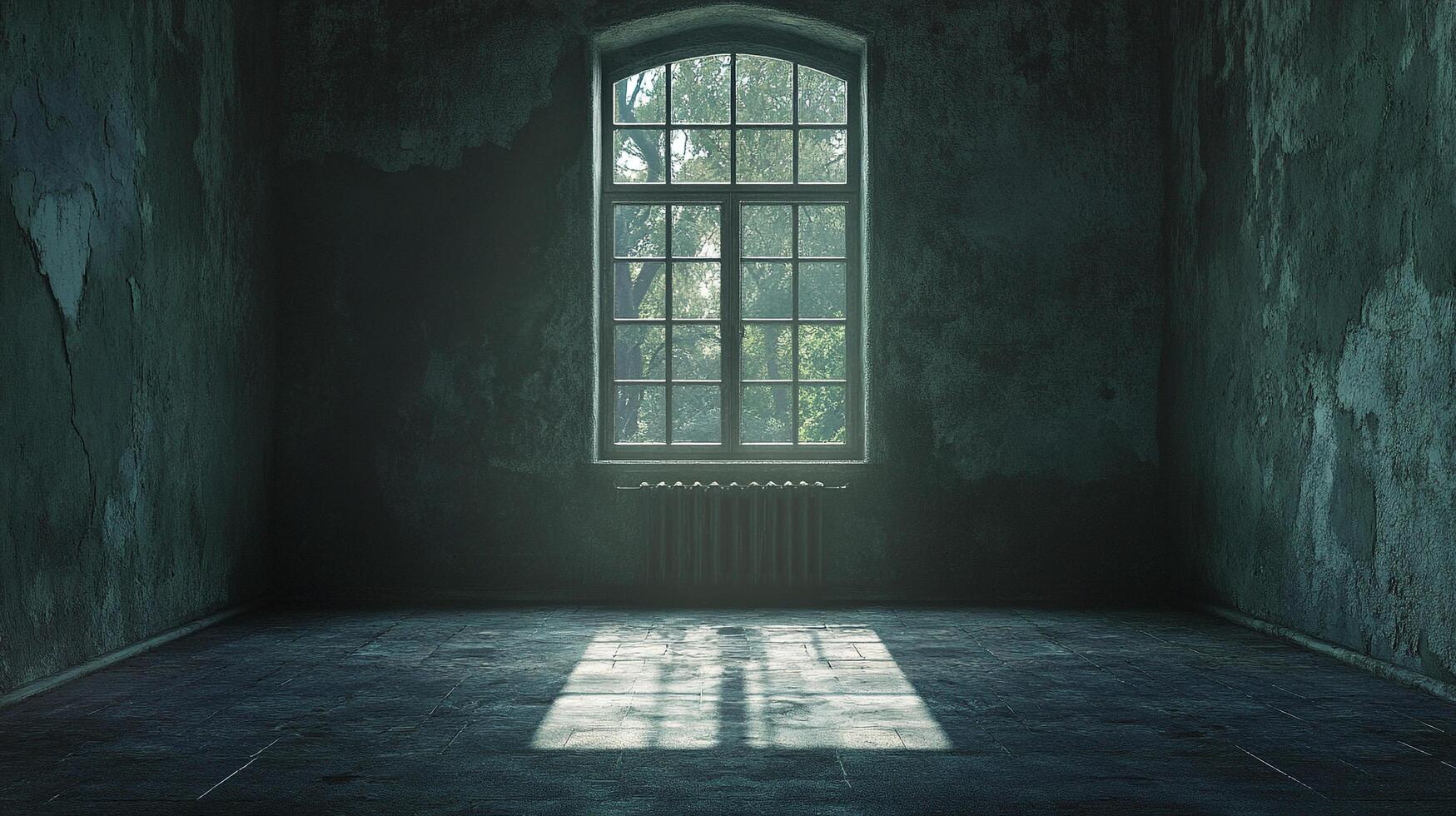 A stark, empty room with textured walls and sunlight streaming through a large window, creating an eerie, abandoned atmosphere. photo