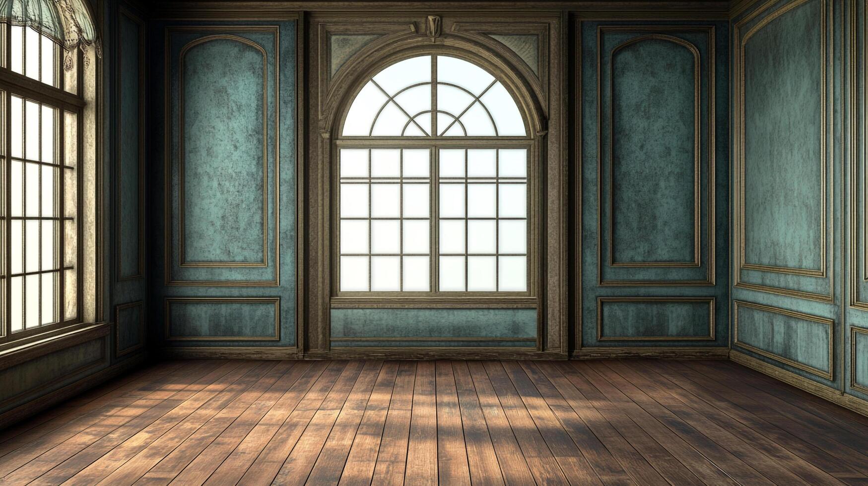 Elegant room featuring paneled walls and a large arched window. Natural light streams into the room, enhancing the wood floor. photo