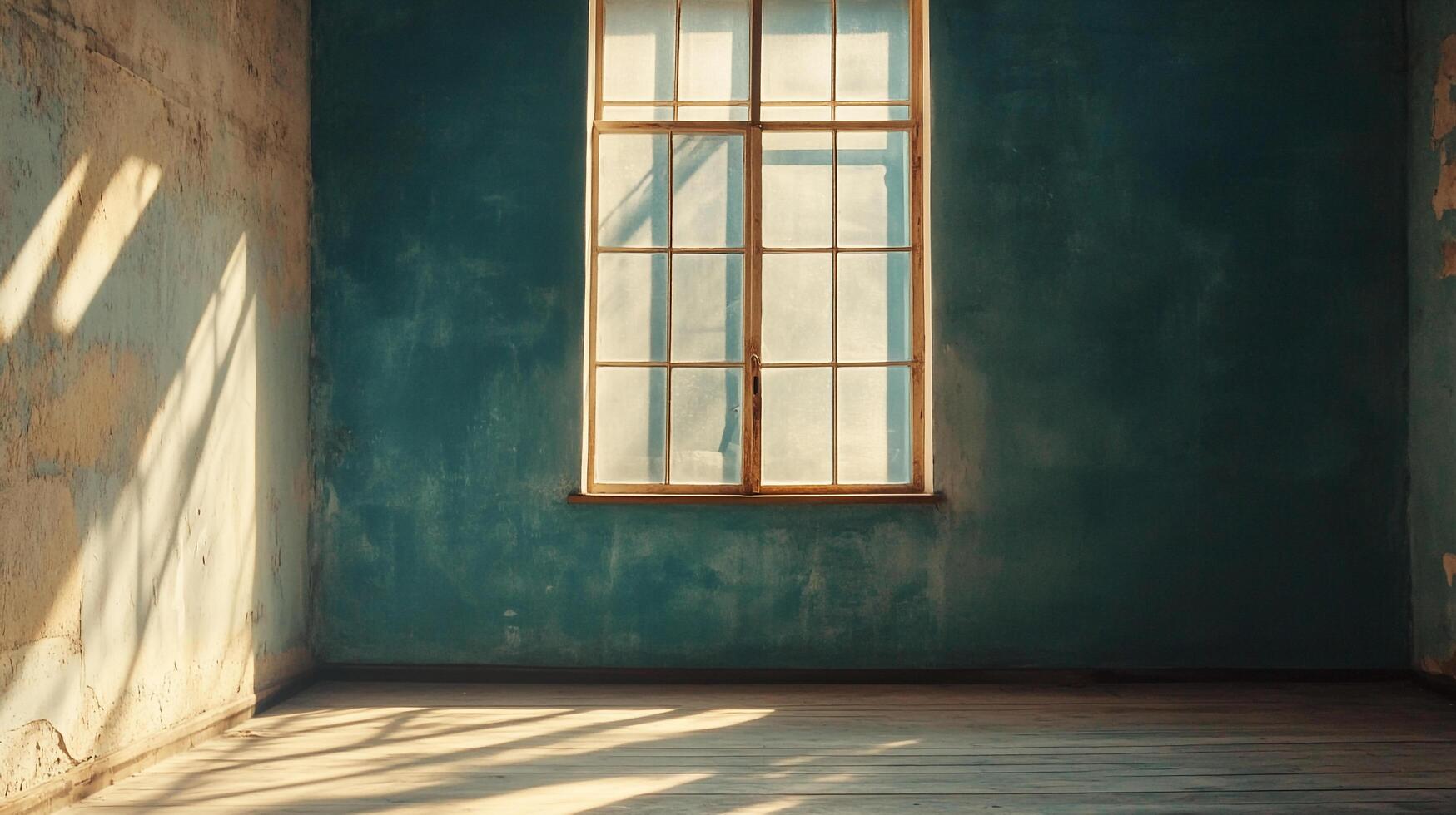 Sunlight streams into an empty room, highlighting aged walls and wooden floors through a window, creating a serene, vintage atmosphere. photo