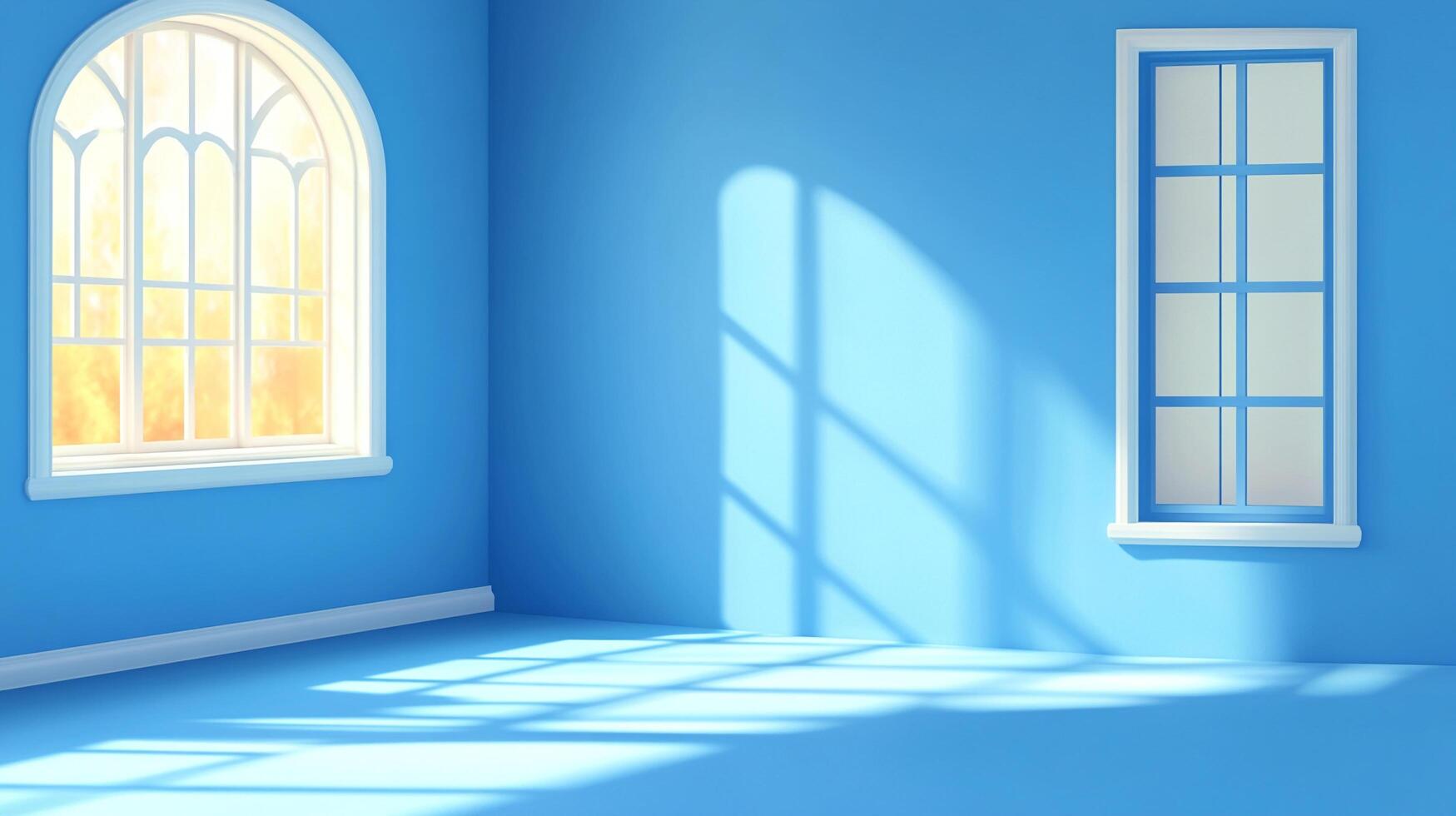 A light blue room with two windows letting in natural light, casting shadows across the floor, offering a sense of peace and simplicity. photo
