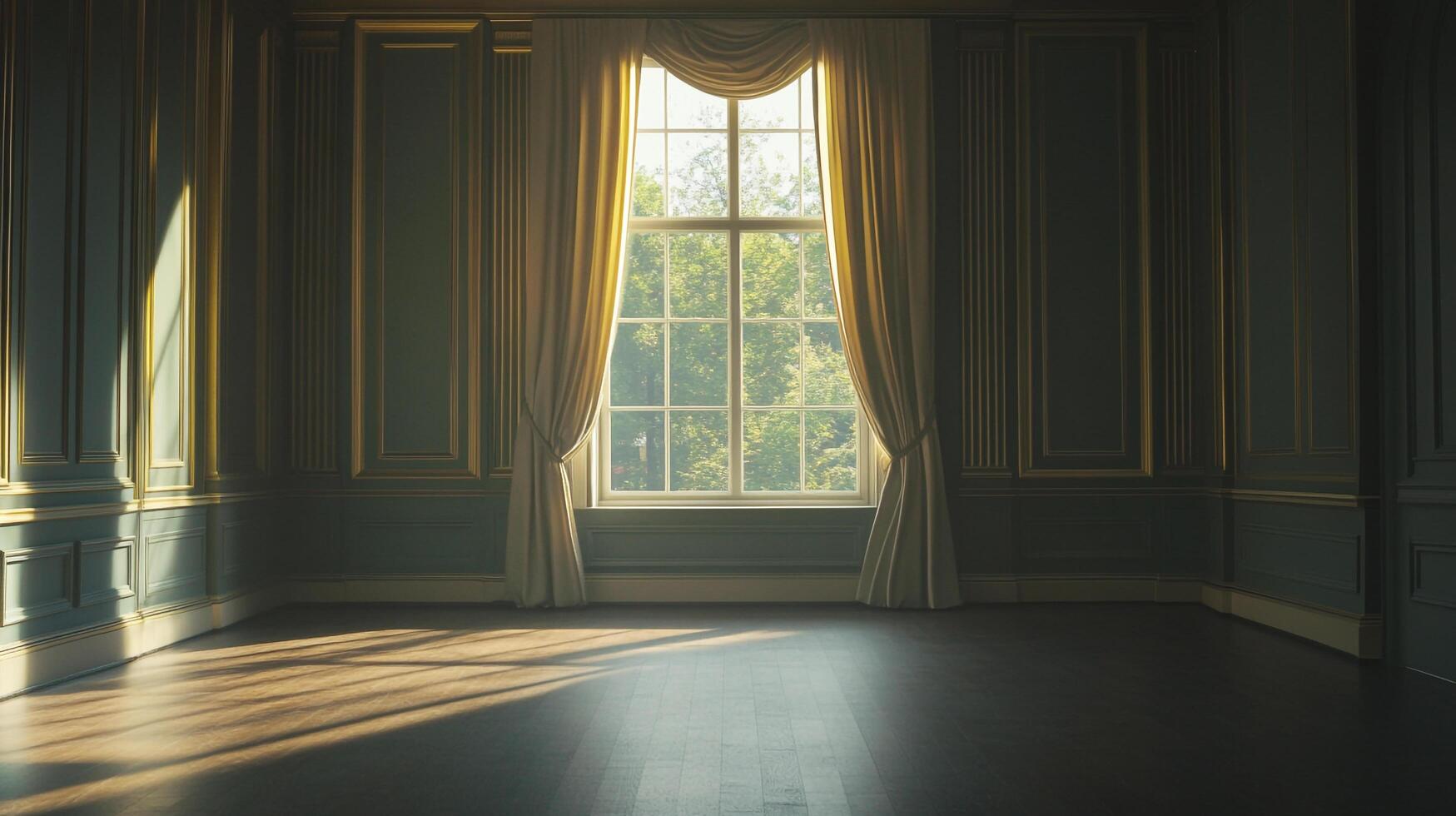 An empty, classic-style room bathed in sunlight streaming through a large window, creating an inviting and spacious atmosphere. photo