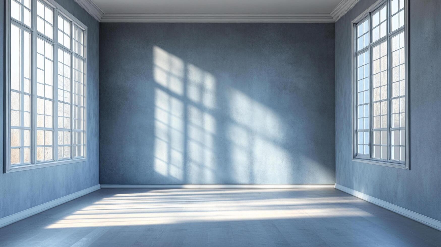 Bright empty room with large windows and sunlight casting shadows on the wall and floor, creating a peaceful and modern atmosphere. photo