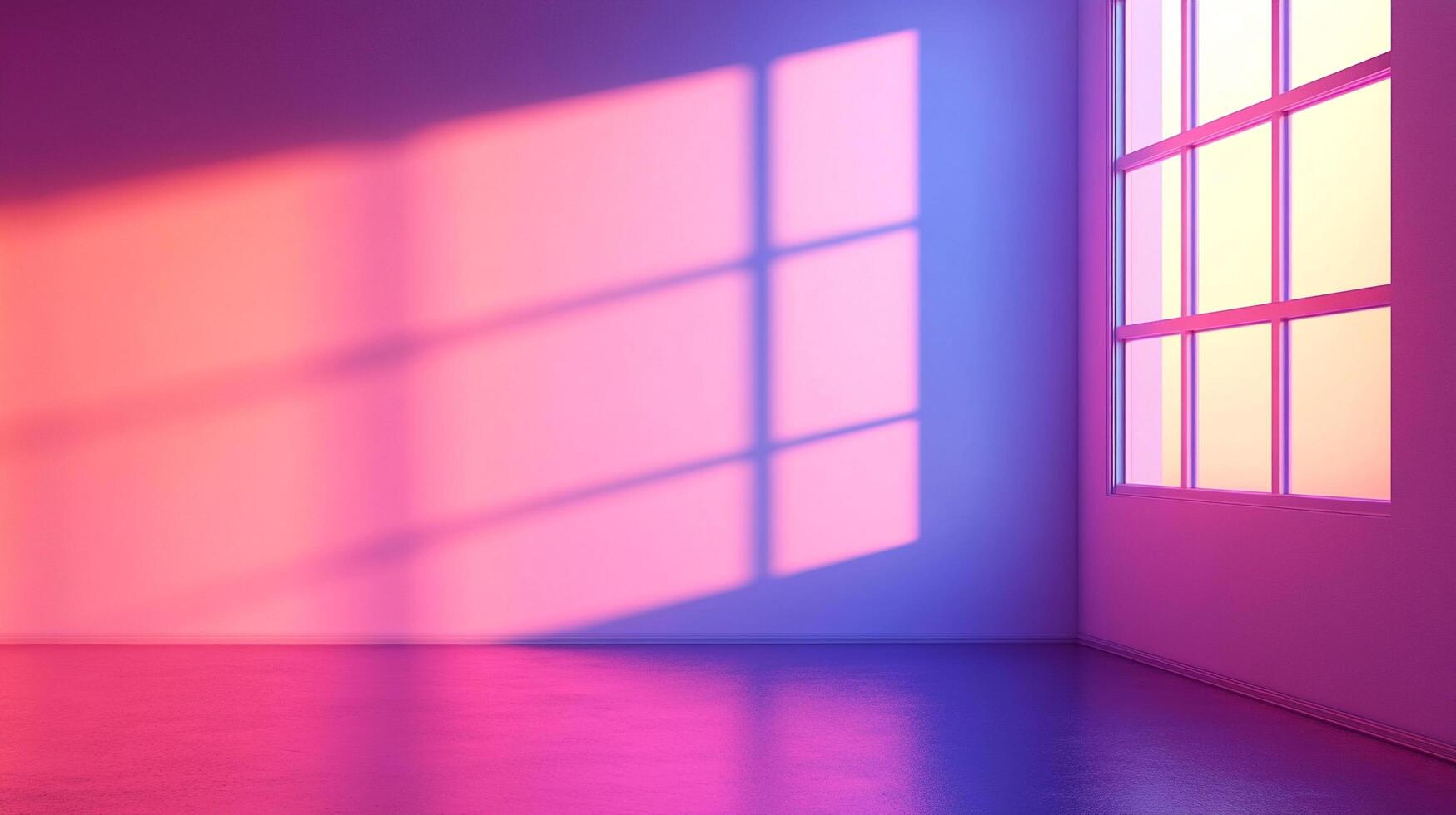 Illuminated room with radiant light casting windowpane shadows across wall, creating a dynamic interplay of vibrant hues and minimalist charm. photo