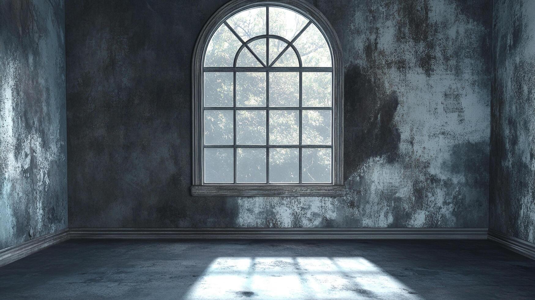 Dilapidated room features an arched window, worn walls, and light streaming across the concrete floor. A study in contrasts. photo