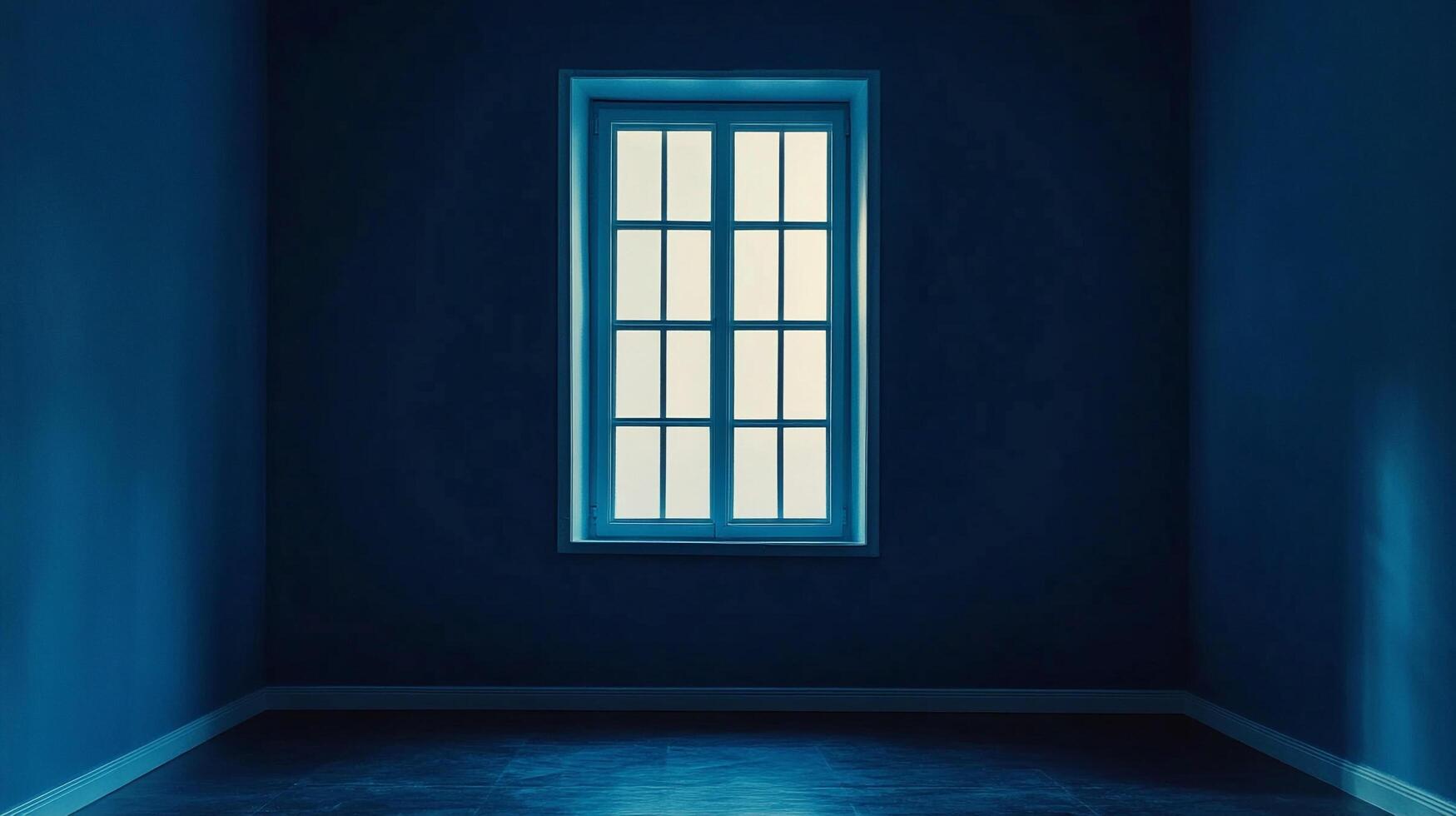 A minimalist room bathed in cool blue tones, with a single window providing soft, ethereal light. Quiet, contemplative space. photo