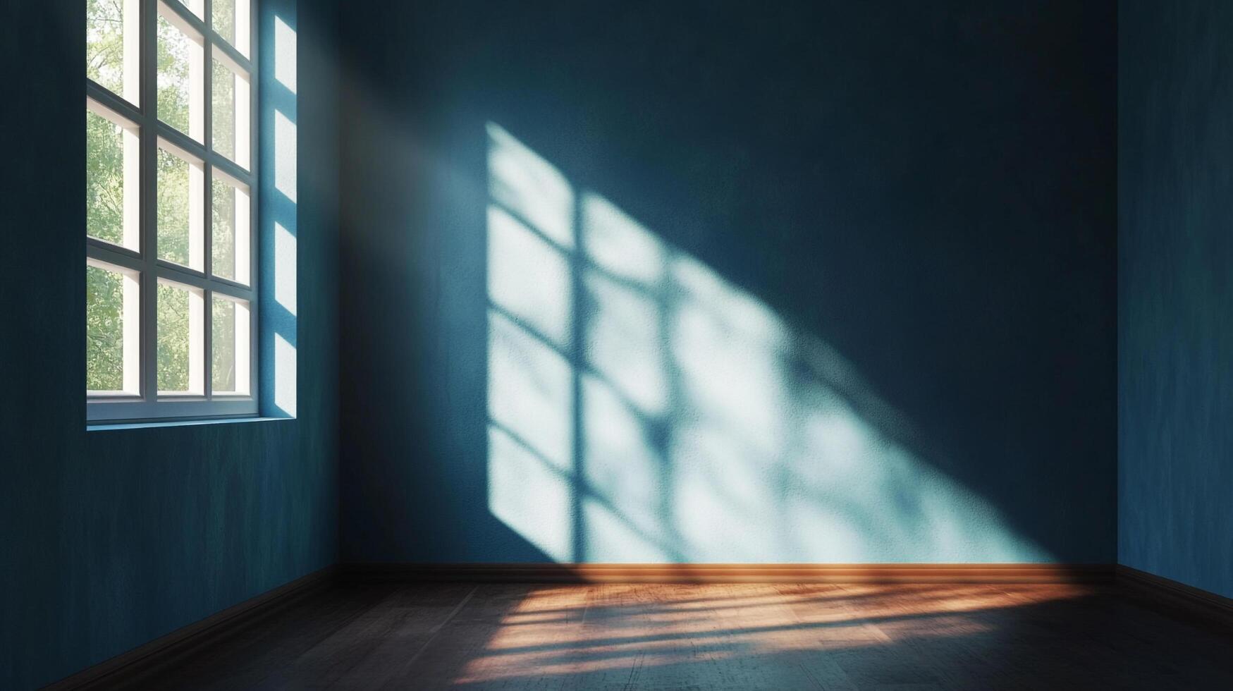 Sunlight streams through a window, casting shadows on a blue wall, illuminating the wooden floor in an empty room. Peaceful and serene scene. photo