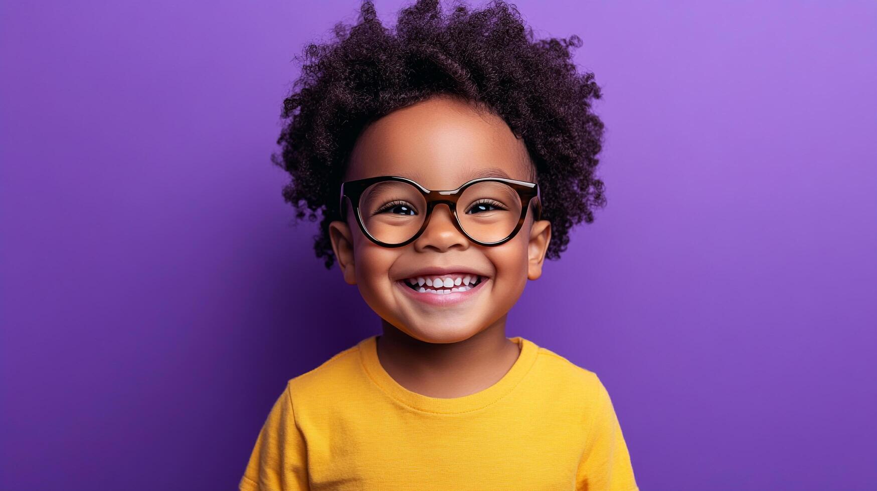 A young, cheerful child with curly hair smiles brightly, wearing glasses and a yellow shirt against a solid purple background. photo