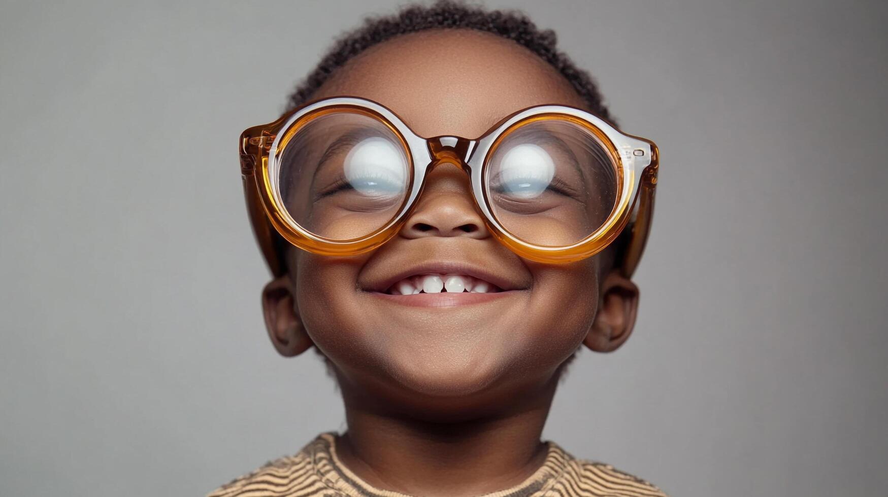 A joyful child wearing oversized glasses with a wide, bright smile against a plain grey backdrop. Pure innocence and happiness radiates. photo