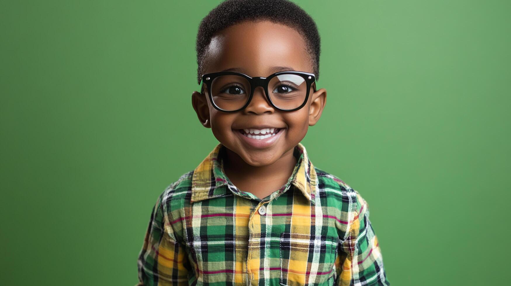 Smiling young boy wearing glasses and a patterned shirt, posing against a green background with a cheerful expression on his face. photo