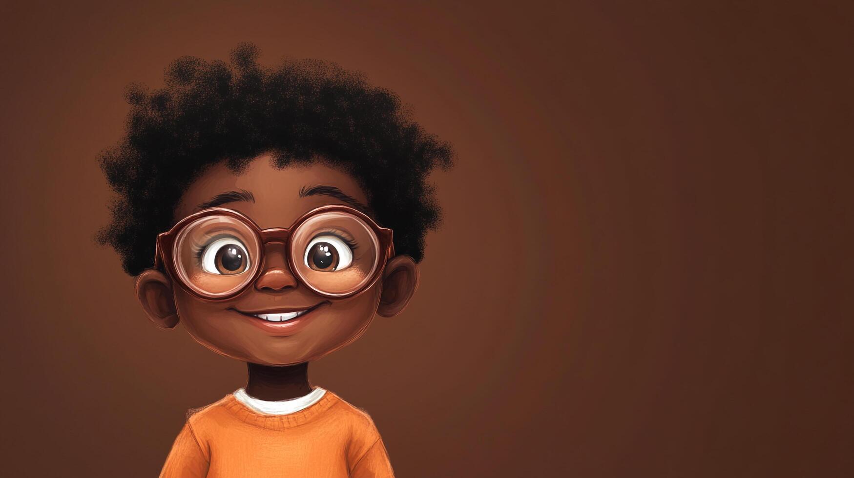 A cheerful cartoon illustration of a young boy with glasses, radiating positivity against a simple brown backdrop. He is cute and engaging. photo