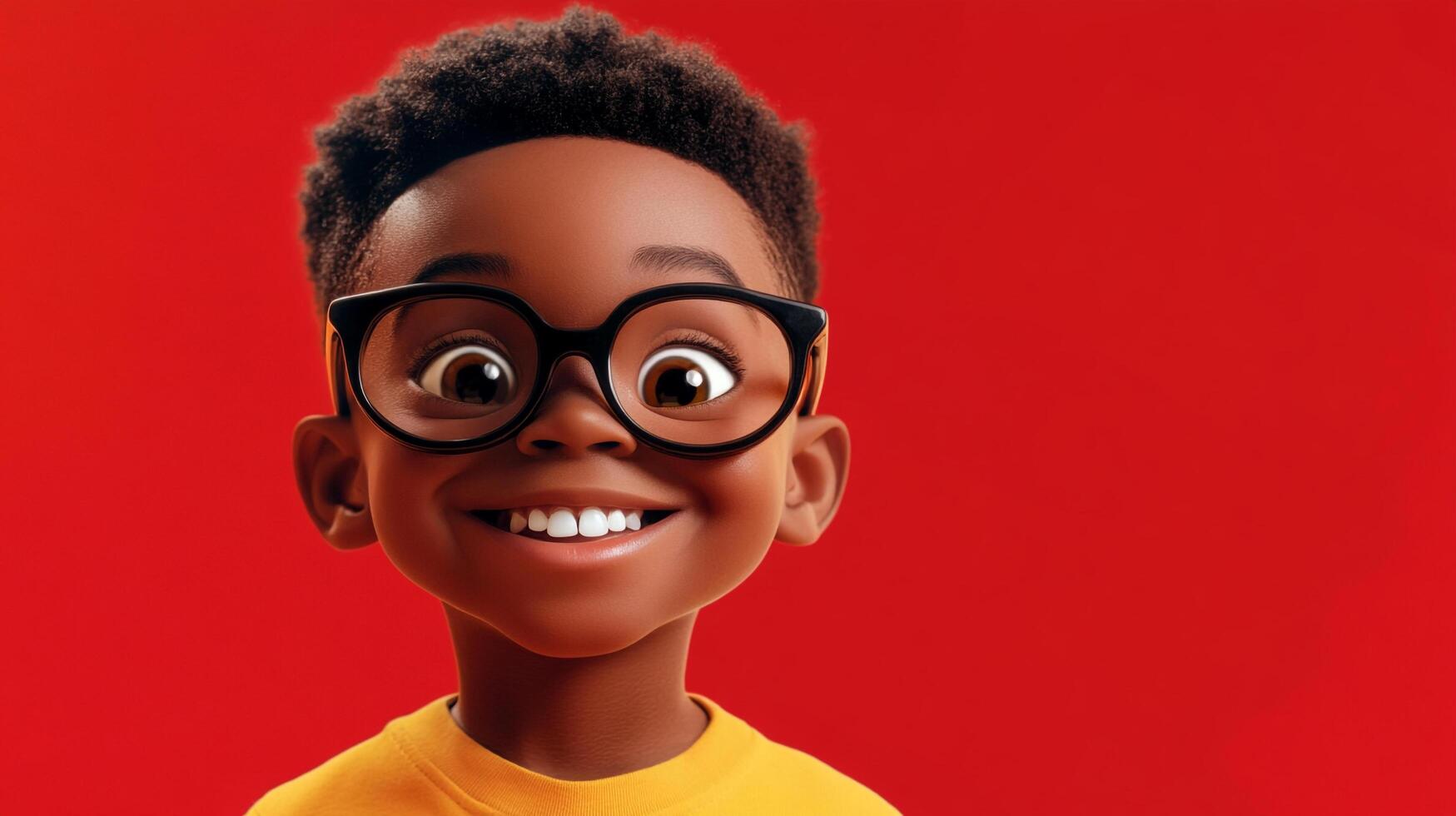 Animated boy with a wide grin and glasses, set against a solid red backdrop, embodying youthful joy and innocence. photo