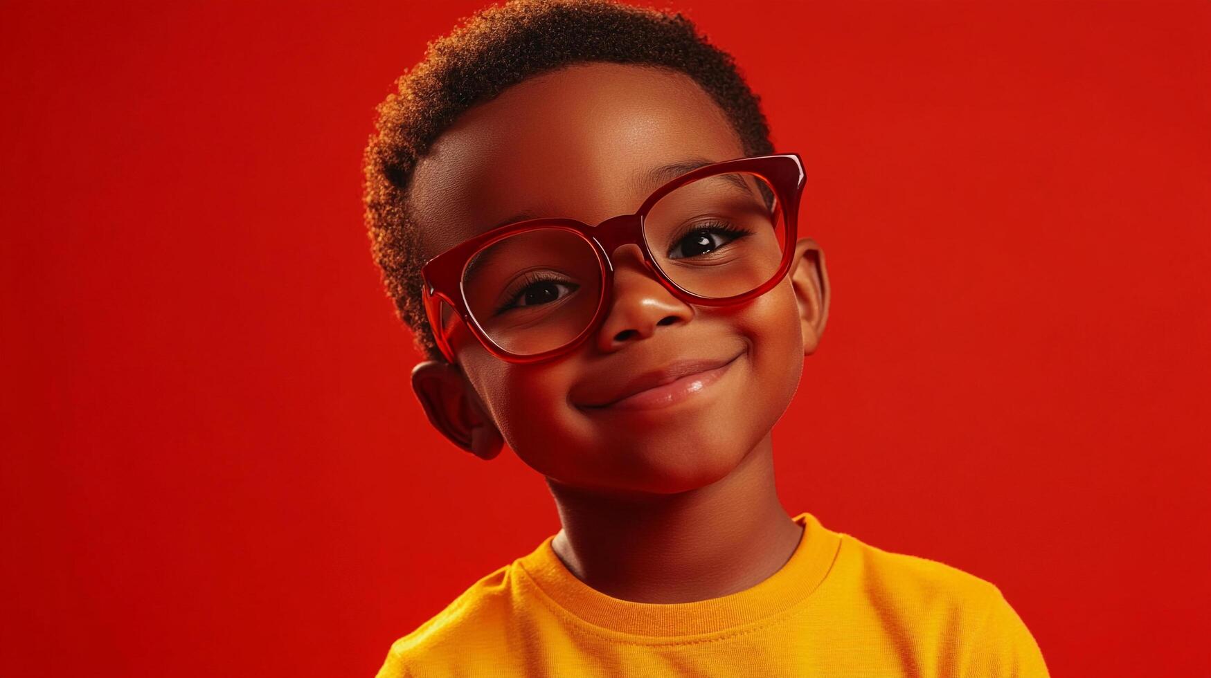 A smiling boy with red glasses and a yellow shirt stands against a red background, radiating joy and intelligence with a slight tilt of the head. photo