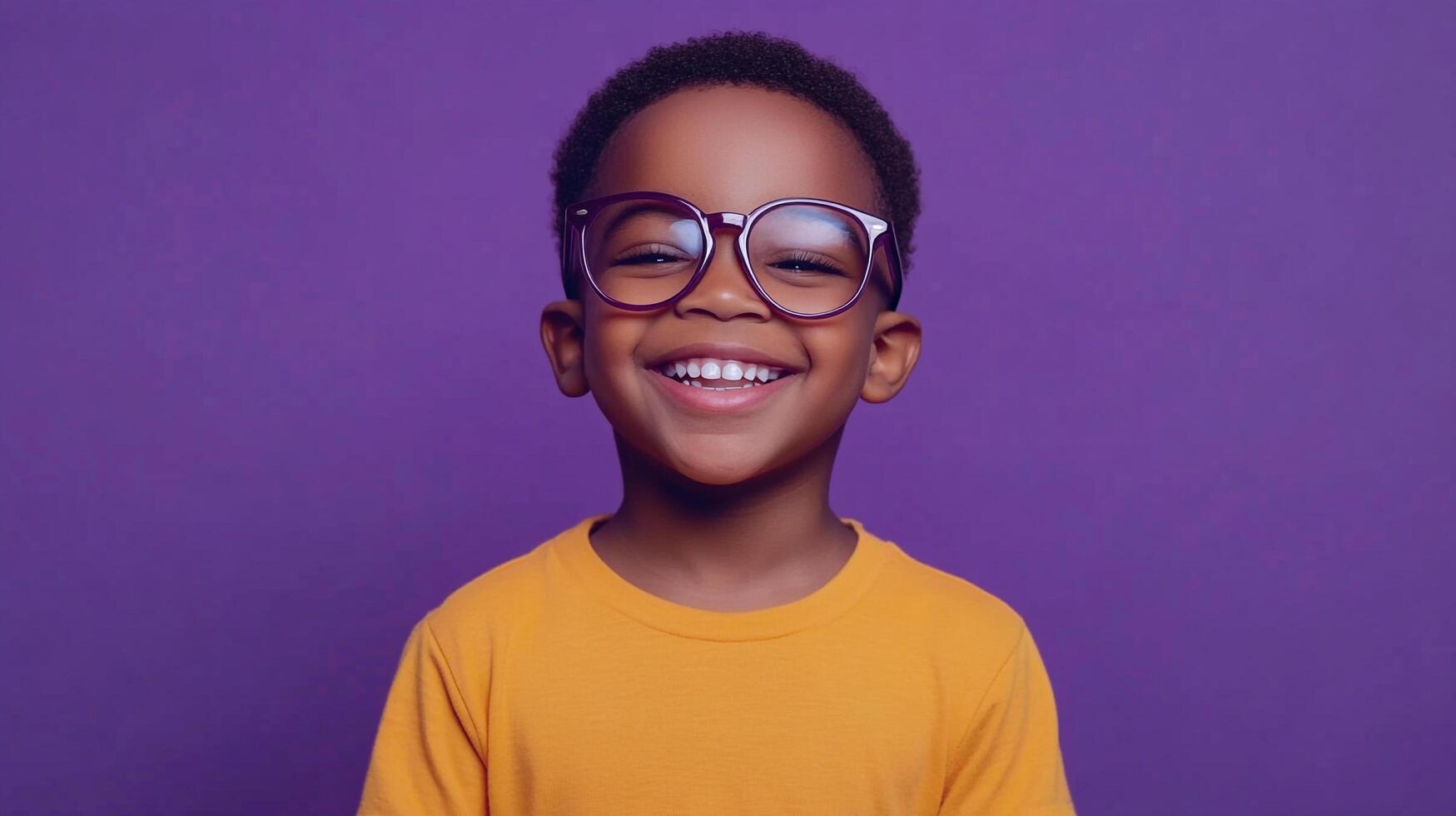 Smiling boy with glasses in front of a purple background, radiates joy and charm. His cheerful face and bright smile captivate viewers. photo
