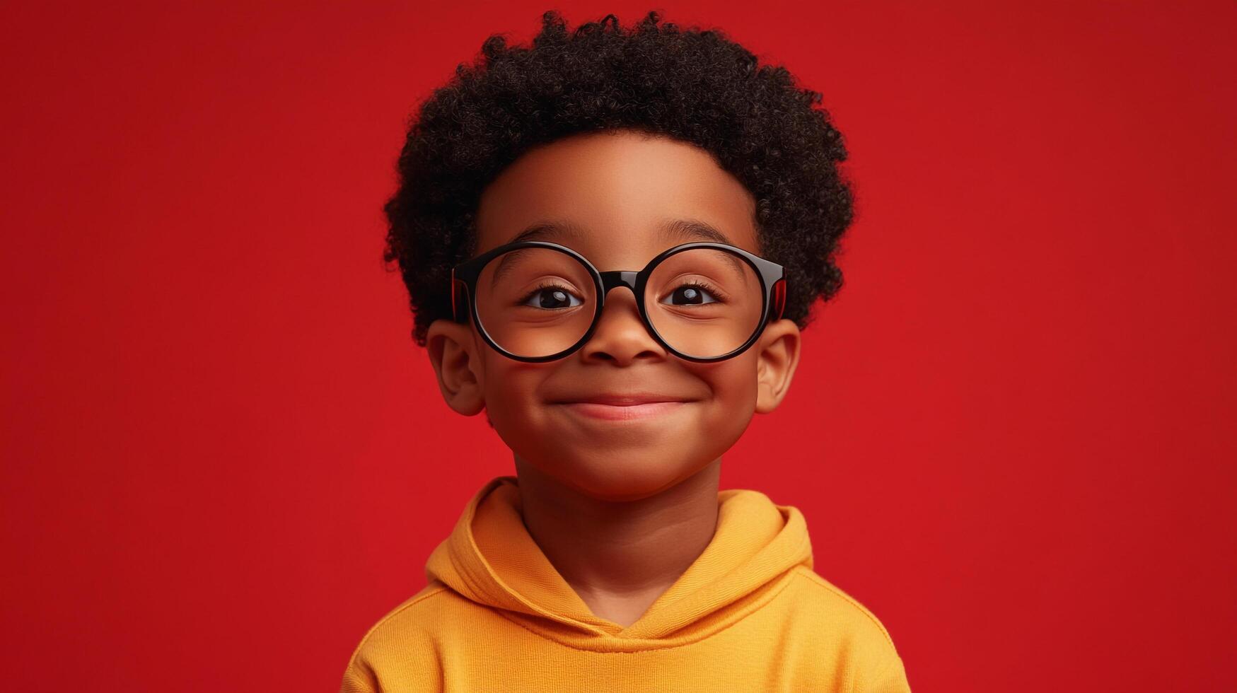 A cute young boy smiles with an endearing expression, with glasses, in a yellow hooded sweatshirt and a vibrant red background. photo