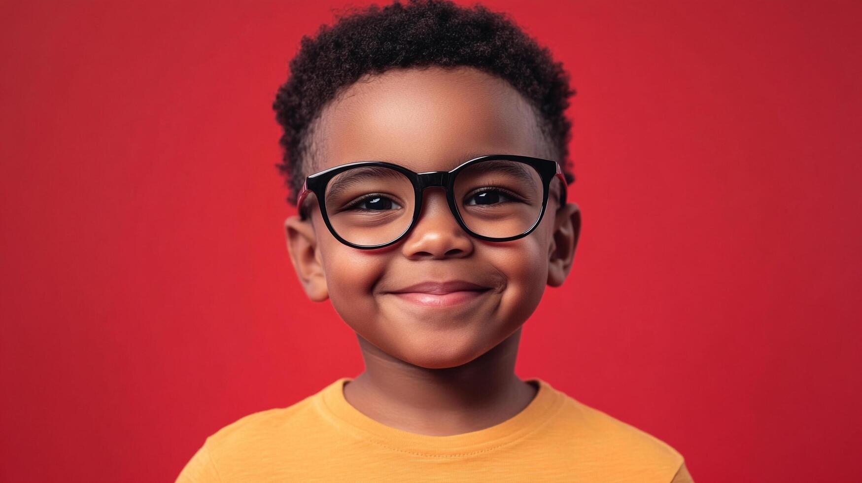 Smiling young boy with glasses, showcasing innocence and charm, set against a vibrant backdrop. His joyful expression is captivating. photo